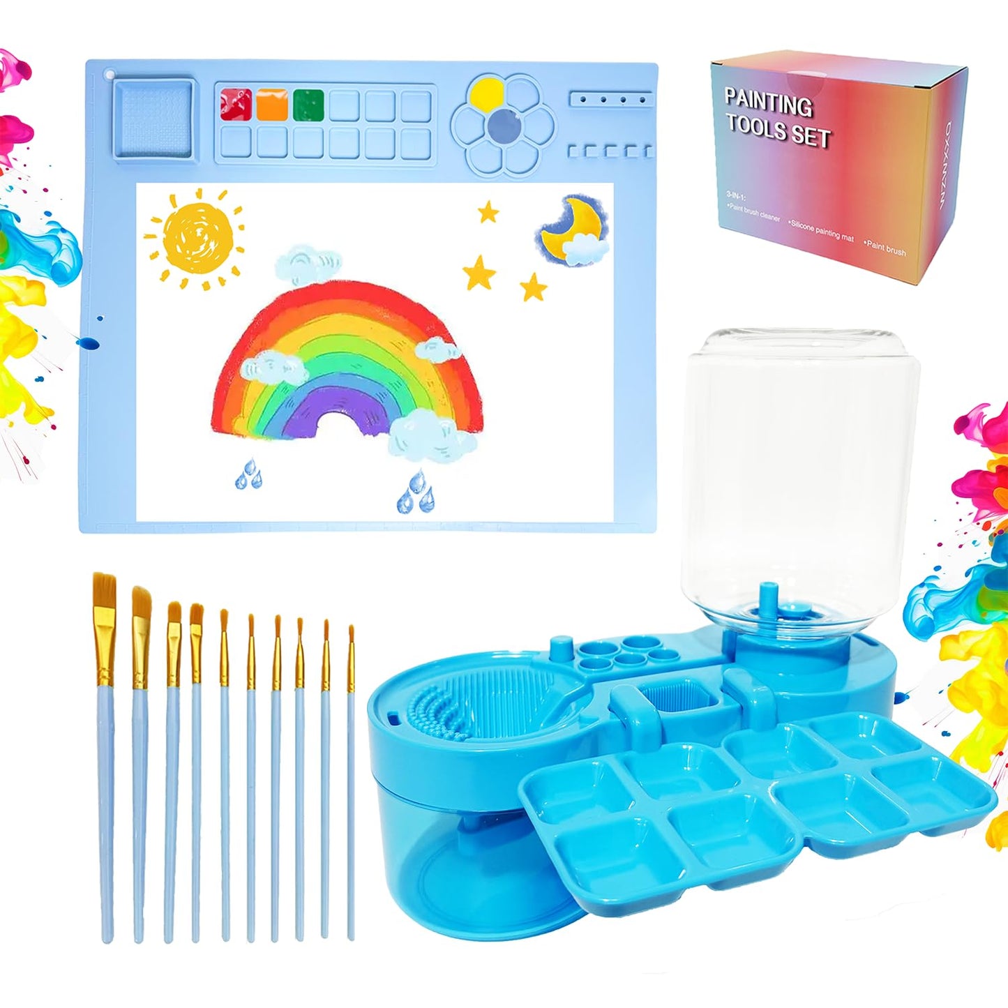 Painting Station, Paint Brush Cleaner (Upgraded) and Silicone Painting Mat 20"X16" with 10 Paint Brushes, Leak Proof Paint Brush Rinser, Gift for Adults Artist Beginners