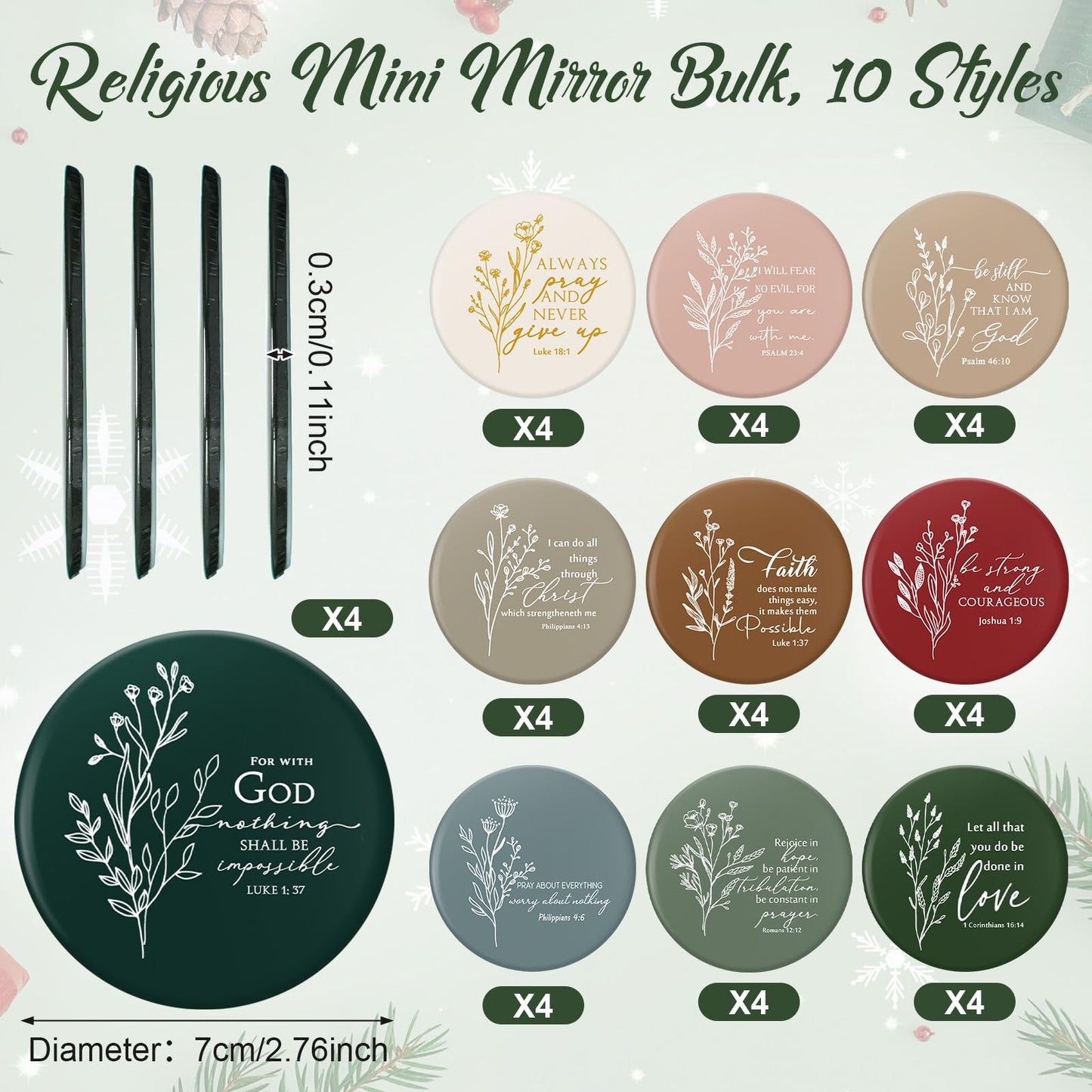 GlikCeil 40 Pcs Christian Compact Mirror Bulk for Women Inspirational Bible Verse Pocket Mirrors Mini Purse Makeup Mirror Christian Church Gift for Women VBS Church Party Favors