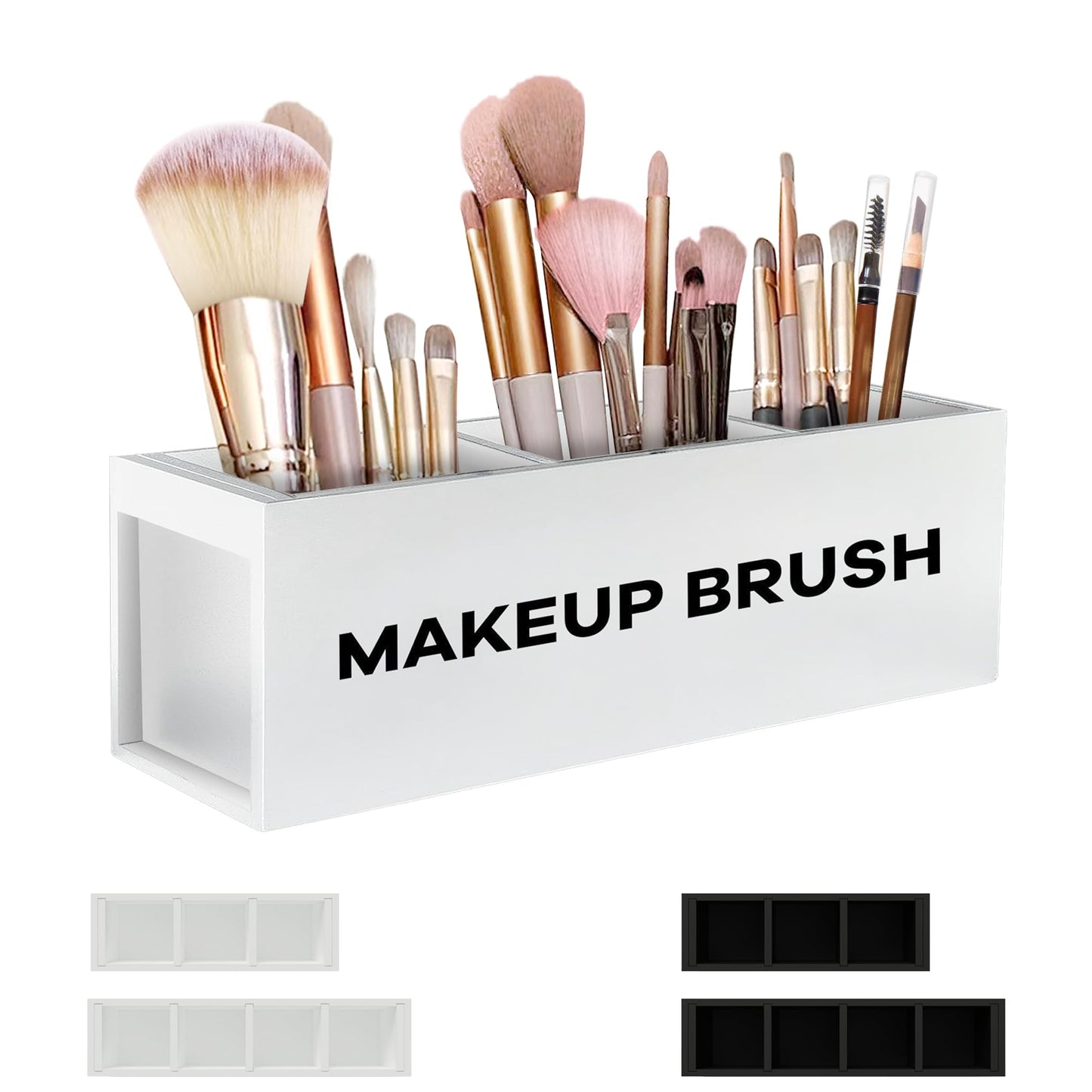 Suli Large Makeup Brush Holder Organizer, Wooden Cosmetic Brushes Storage with 3 Slots, Eyeliners Display Case for Vanity Desktop Bathroom Countertop -White