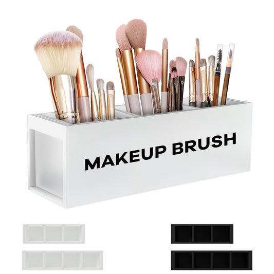 Suli Large Makeup Brush Holder Organizer, Wooden Cosmetic Brushes Storage with 3 Slots, Eyeliners Display Case for Vanity Desktop Bathroom Countertop -White