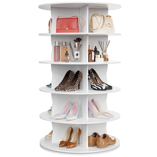 HOMETUK 5-Tier Rotating Standing Shelf Unit with Dividers, 360° Storage Display Tower Vertical Floor Organizer, for Bedroom, Closet, Entryway & Office, Ideal for Shoes, Cosmetics & Handbags, White
