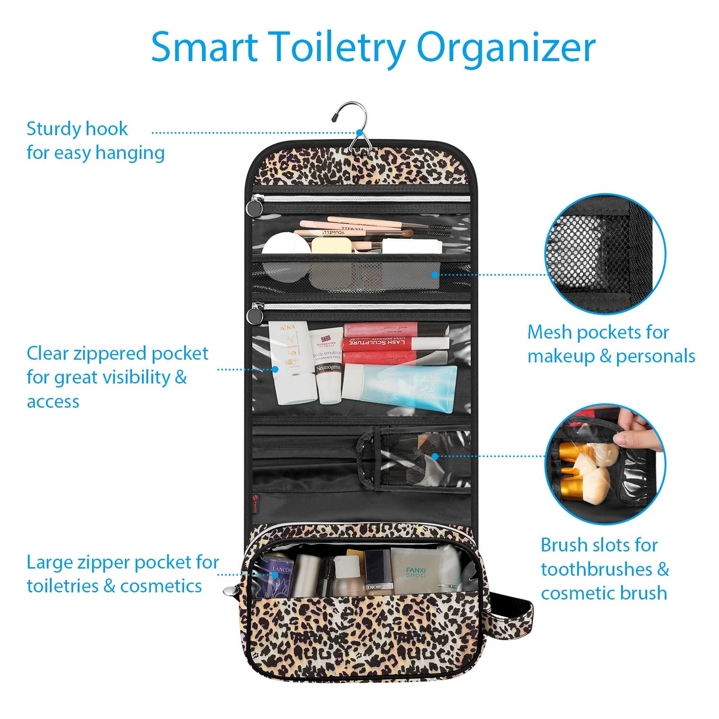 FINTIE Portable Toiletry Cosmetic Travel Bag, Large Water Resistant Hanging Makeup Organizer Storage Pouch Case for Women Girls (Leopard)