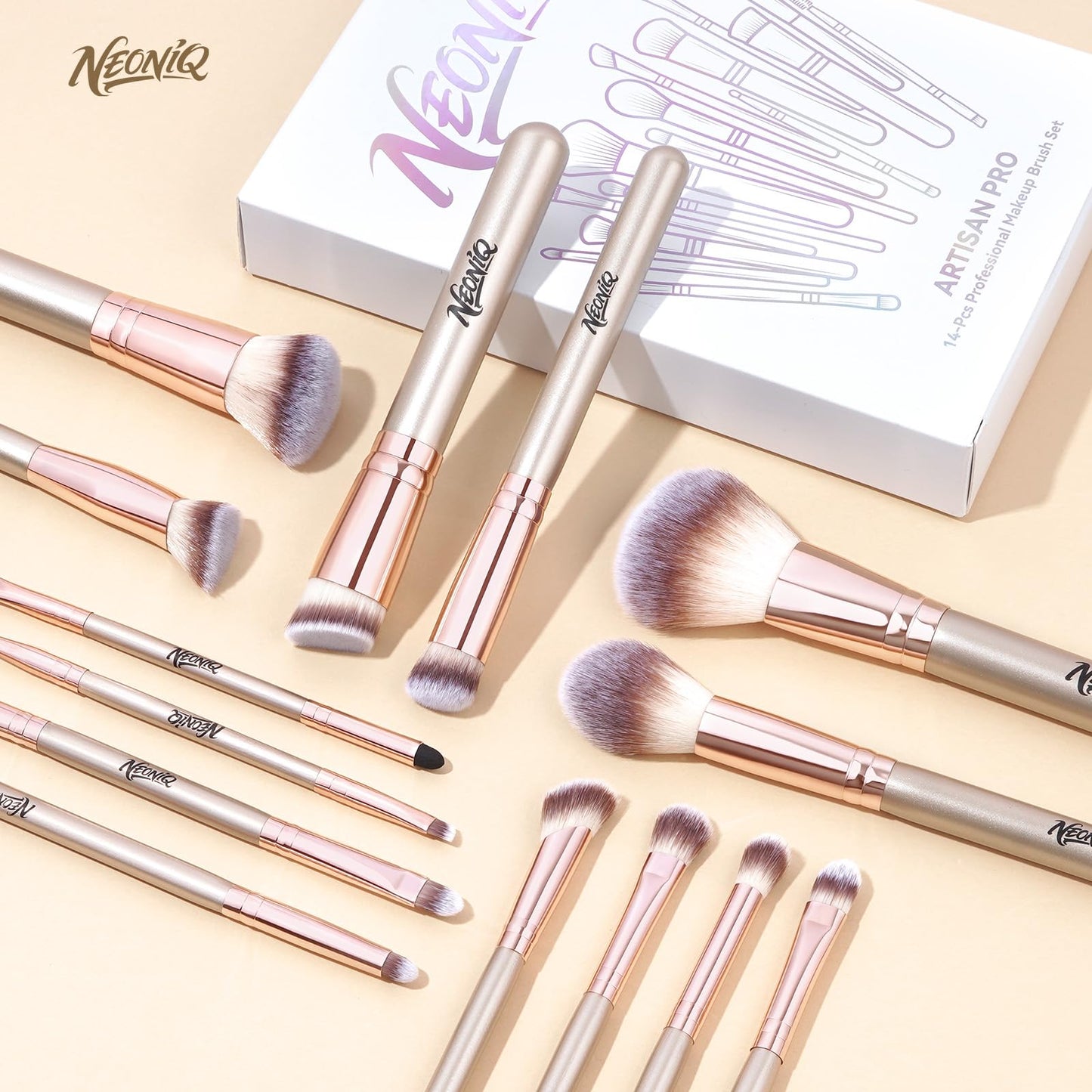 NEONIQ 14 PCS Professional Makeup Brushes, Makeup Brush Set, Foundation Powder Blending Concealer Eyeshadows Blush Cosmetics Brushes(Gold)