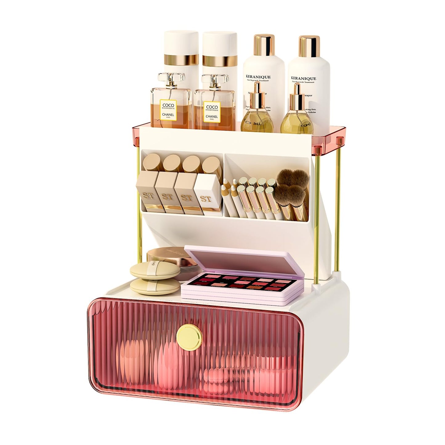 FOLLOWIN Bathroom Organizers and Storage with Drawer, Vanity Storage Organizer with Makeup Brushes Holder, Perfume Lotion Cosmetic Organizer, Blush Pink