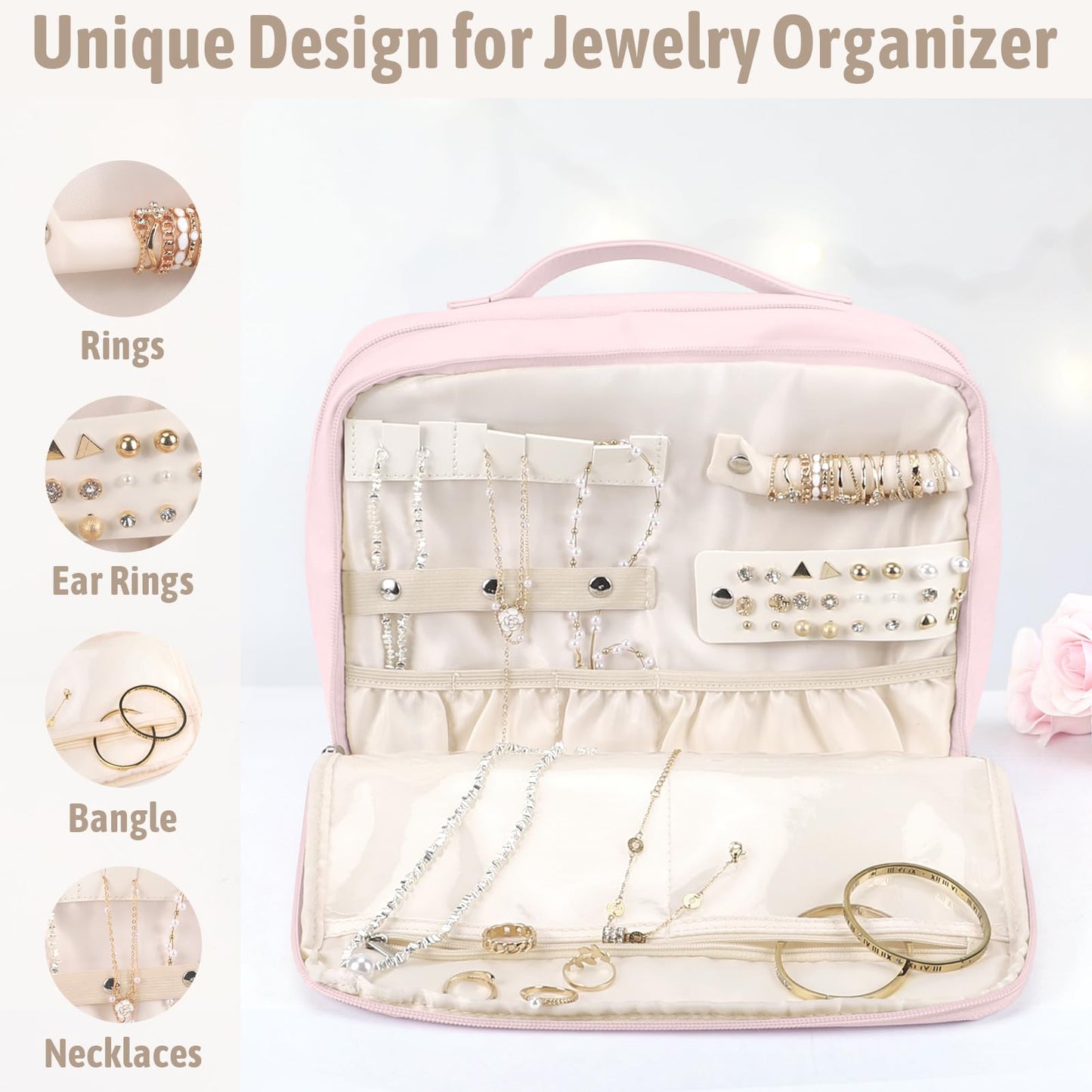 YOPCDJ Hanging Toiletry Bag with Jewelry Organizer,Travel Bag for Toiletries,PU Leather Cosmetic Bags for Women Make Up Organizer with 4 Compartments Waterproof Portable Travel Essentials