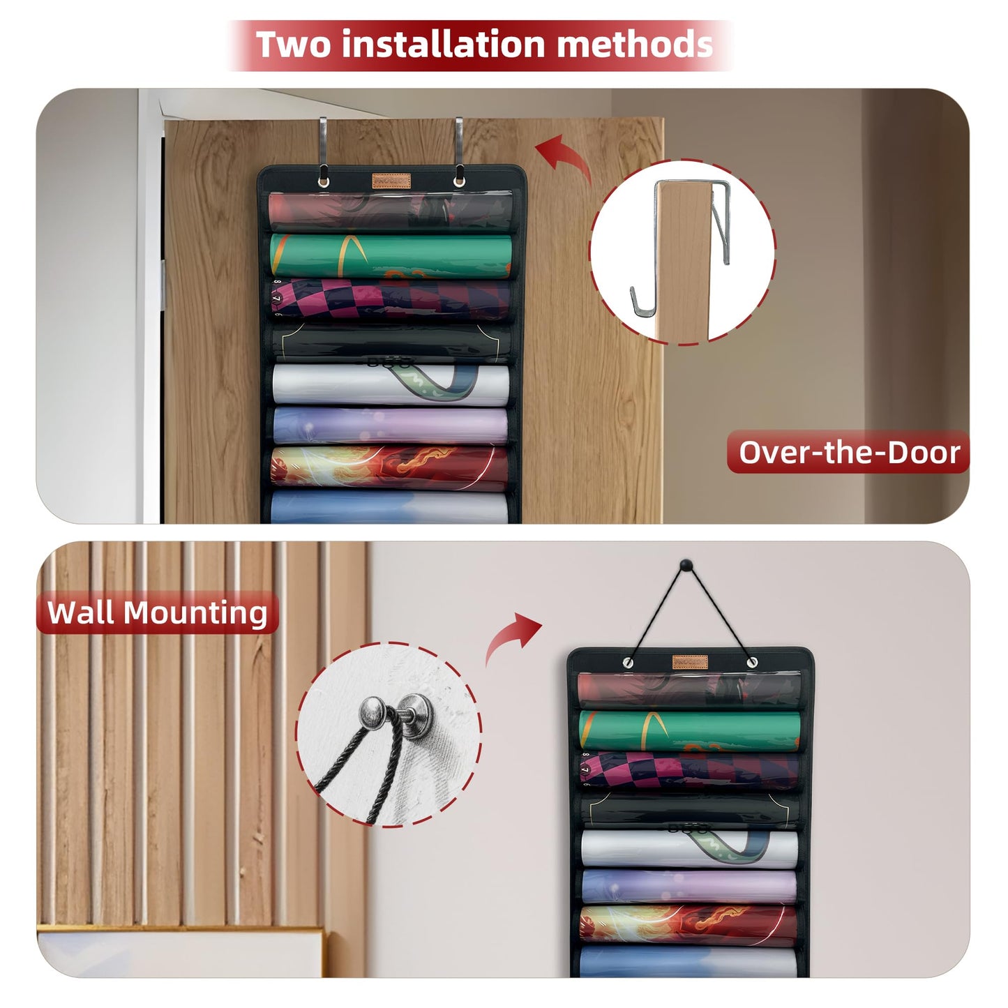 Playmat Tube Storage Bag for MTG, Hangable Game Mat Holder with 8 Tube Slots + 1 Card Pocket, Transparent PET Display, TCG Playmat Organizer with Hooks & Strap, Fits 6cm Play Mat Cases (1 Pack-Gray)