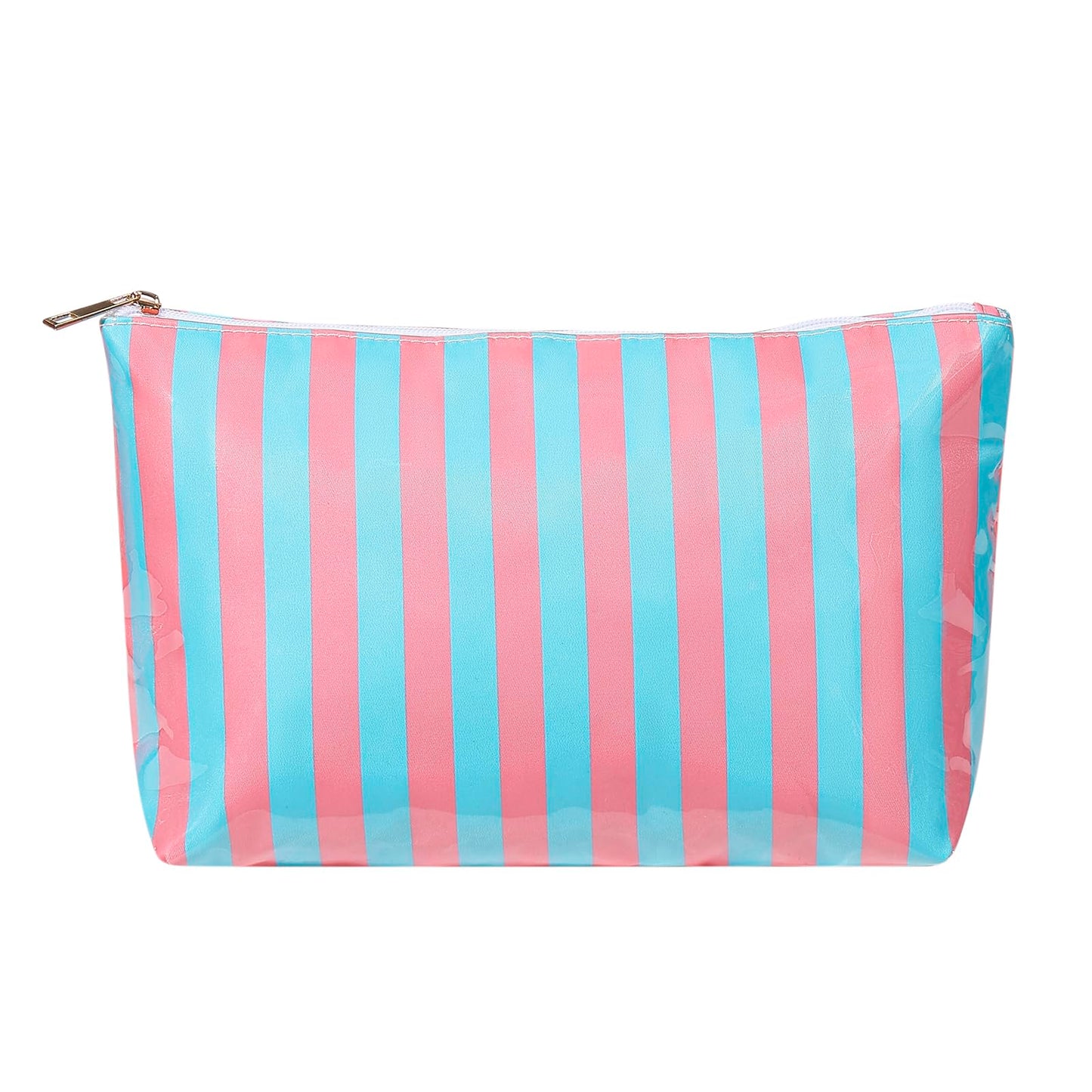 Lestikave Large PVC Waterproof Striped Makeup Bag,Clear Coated Cosmetic Bags,Easy to Clean,Travel Organizer Zipper Pouch Beach Vacation Essentials for Women Girls(12Pink Blue)
