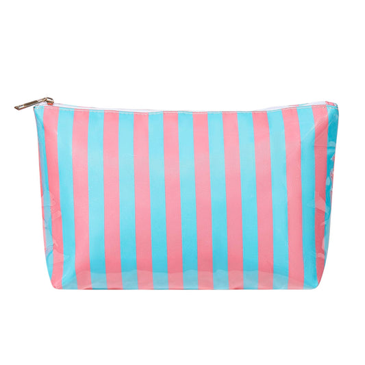Lestikave Large PVC Waterproof Striped Makeup Bag,Clear Coated Cosmetic Bags,Easy to Clean,Travel Organizer Zipper Pouch Beach Vacation Essentials for Women Girls(12Pink Blue)
