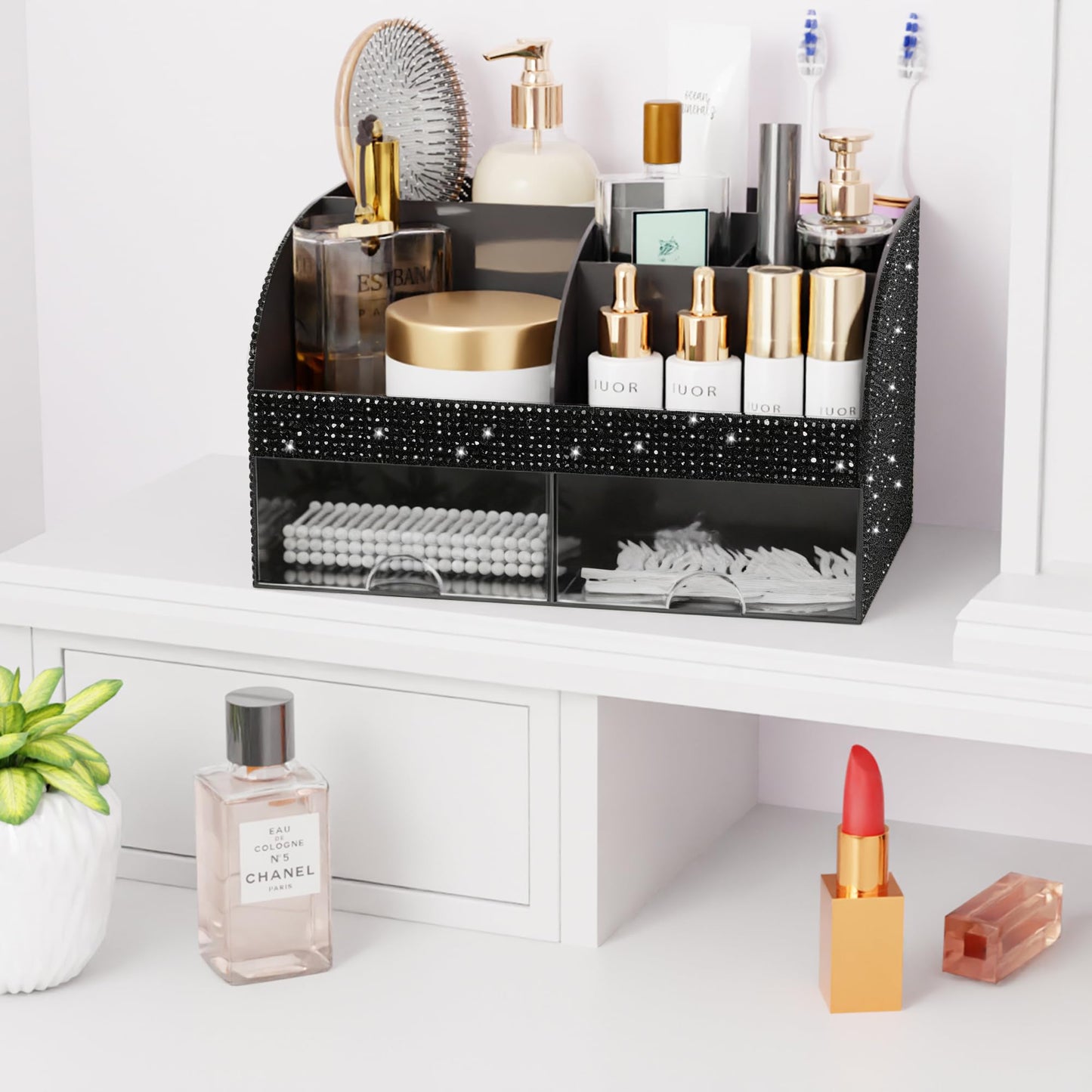 Bling Makeup Organizer with Drawers, Cosmetic Storage for Dresser Vanity and Bathroom Countertop, Beauty Holder for Lipstick Brush, Skincare Organizer for Vanity, Cosmetic Display Case Bling Black