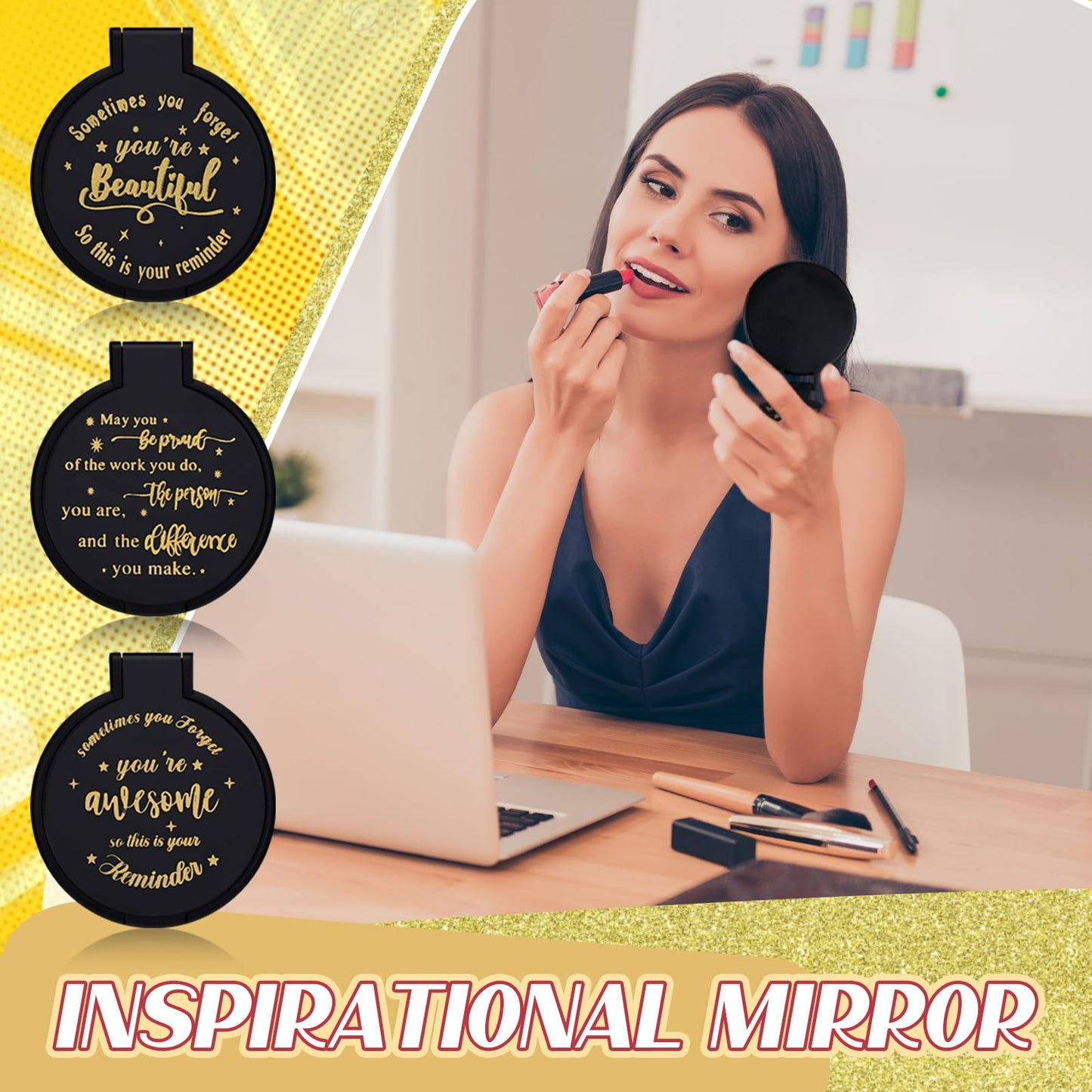 Wenqik 64 Pcs Inspirational Mini Compact Mirrors Bulk, Women Small Gifts Bulk, Group Team Party Favors, Mini Pocket Purse Mirror for Travel, Client, Guest, Wedding, Birthday, Cheerleader (Black)