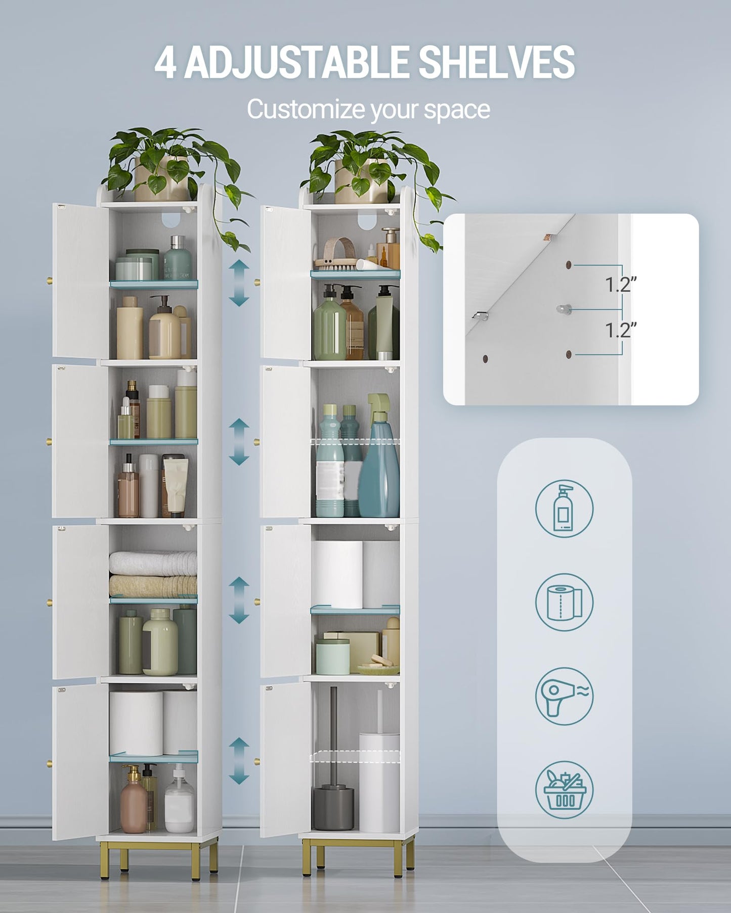 Hzuaneri 4-Tier Narrow Tall Storage Cabinet, Slim Bathroom Storage Cabinet with 4 Adjustable Feet and Shelves, Bathroom Organization for Small Space, Kitchen, Living Room, Laundry Room White BC43313G