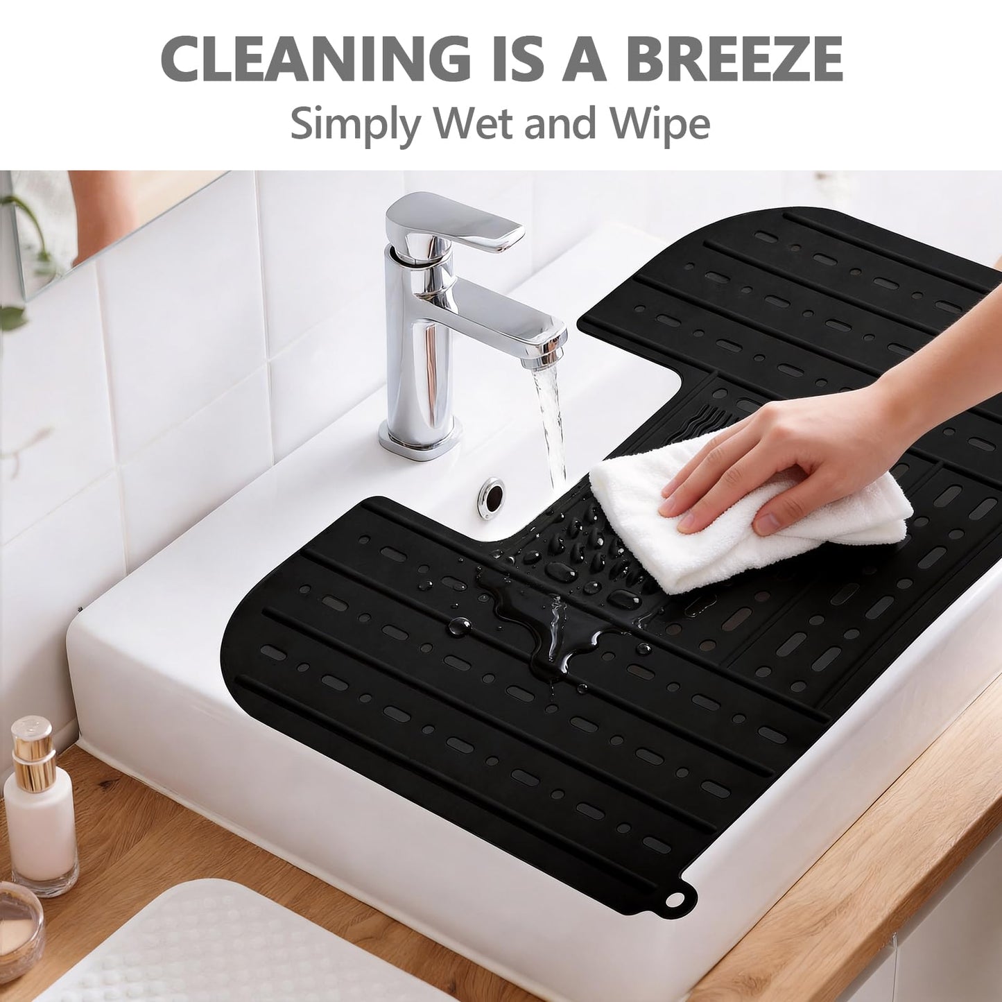 Johamoo Bathroom Sink Cover for Counter Space, Foldable Sink Mat, Silicone Makeup Brush Cleaning Mat Tools Organizer Space Saver, Small Bathroom & RV Camper Travel Must Haves Accessories, Black