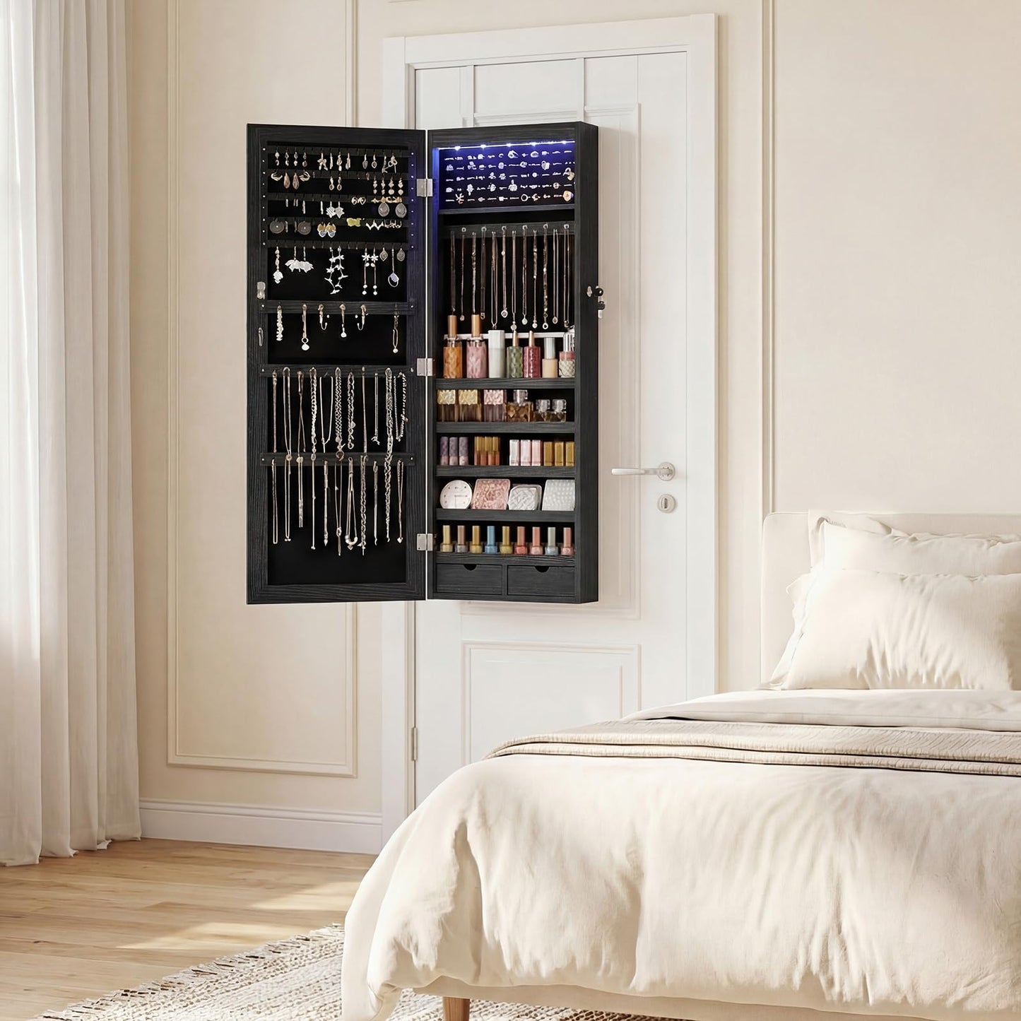 Sweetcrispy Jewelry Organizers and Storage, Wall/Door Mounted Jewelry Armoire with Mirror, 47.2" Tall Mirror with Storage, Automatic 6 LED Lights, Lockable, 2 Drawers, Black