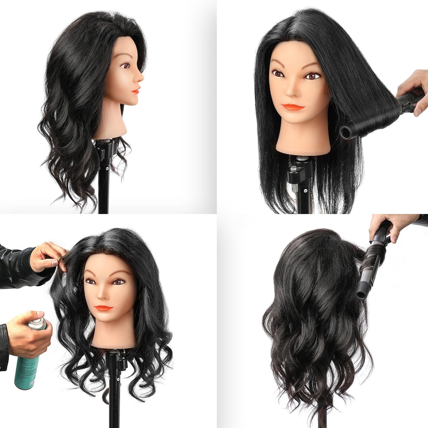 Armmu 20-22" 100% Human Hair Mannequin Head Hair Practice Training Head Cosmotology Doll Head for Hairdressers with Clamp- Natural Black