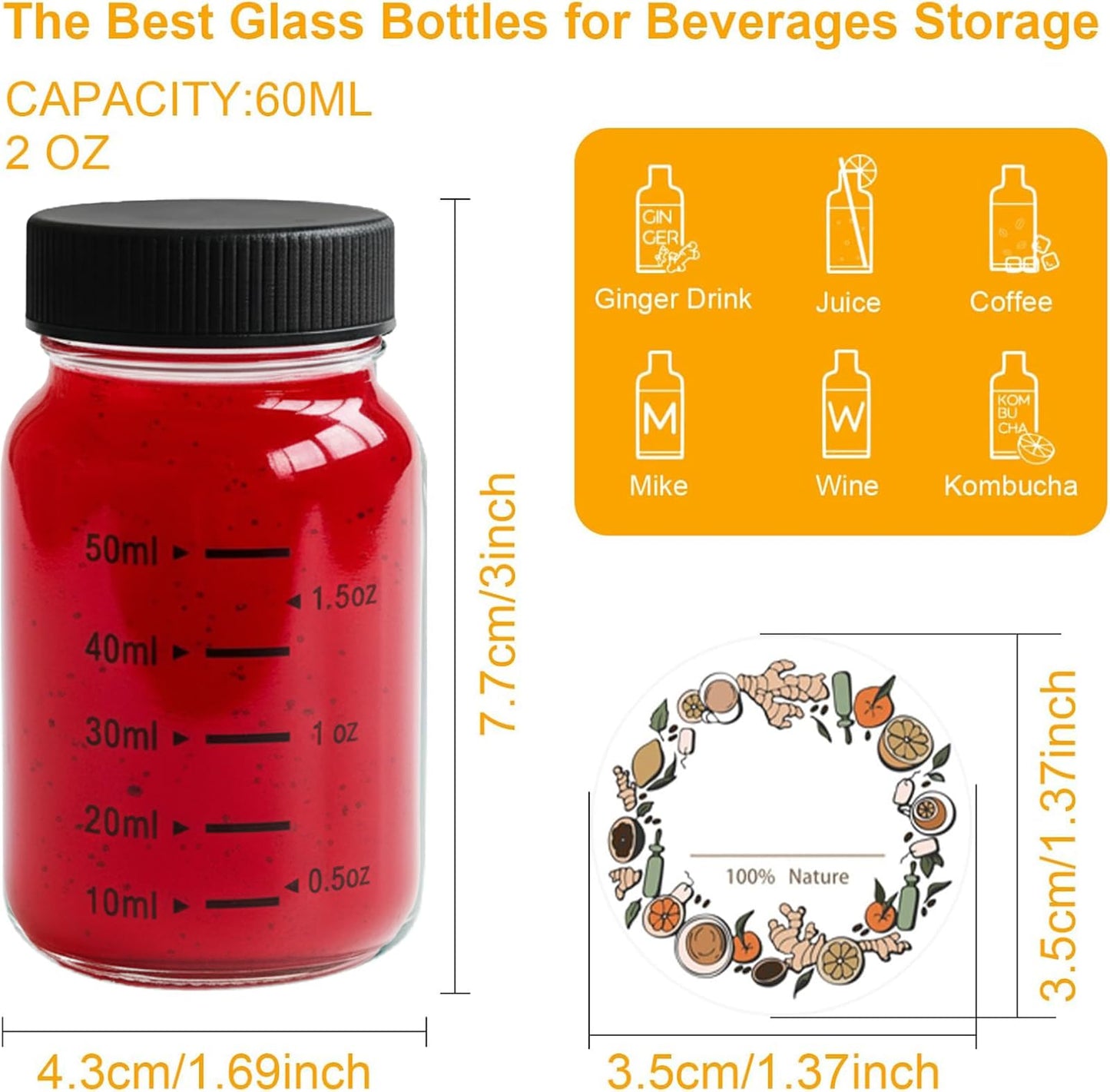 WERTIOO 24 Pack 2oz Glass Jars with Lids - Glass Shot Bottles Set for Liquids, Juicing, Ginger Shot, Sample - Small Containers with Screw Caps - Clear Mini Round Bottles - Leakproof/Wide Mouth