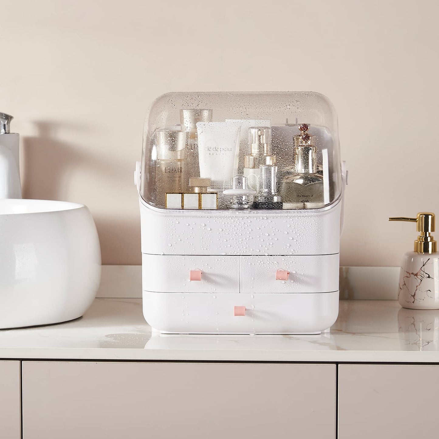 Large Makeup Organizer w Drawers Beauty Organizer Makeup Box Holder Vanity Organization Desk Countertop MakeUp Organizers Bathroom Counter Organizer Skincare Cosmetic Case Stand Dustproof Lid Gift