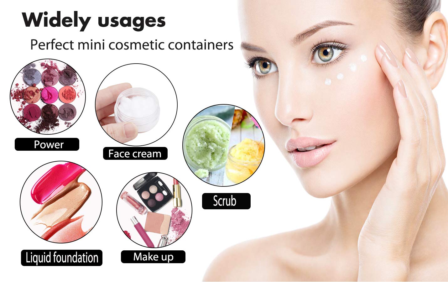 100 Pack 3 Gram Sample Containers with Lids, 3ml Mini Sample Jars, Tiny Plastic Cosmetic Containers for Lip Balms, Makeup, Lotion, Eye Shadow, Powder, and Lip Balms (Black Lids)