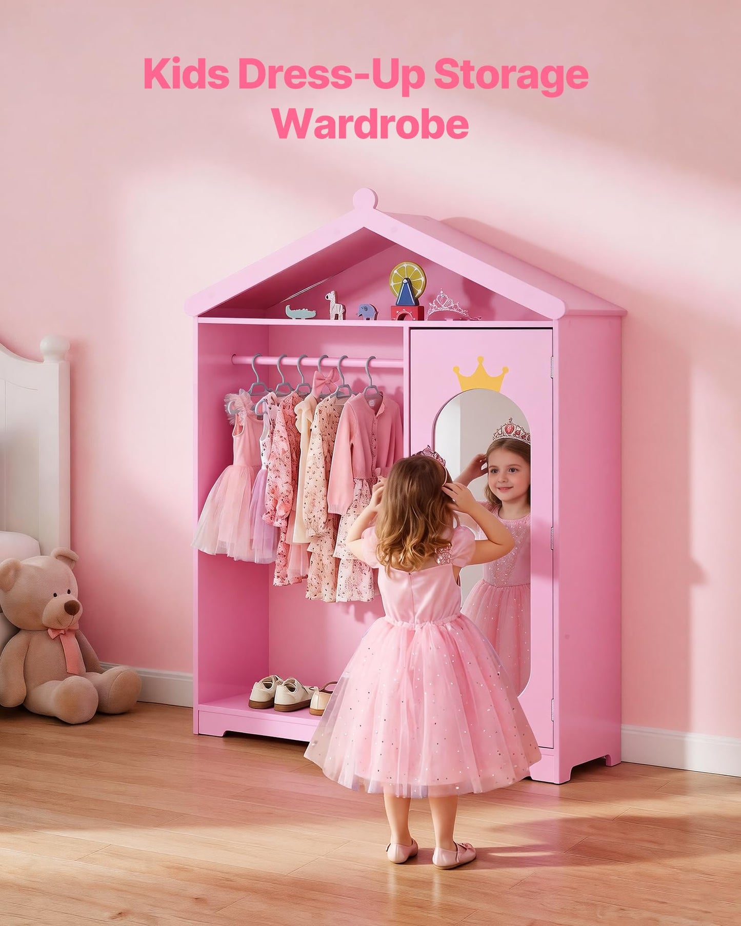 VEVOR Kids Dress Up Storage, with Mirror, Dress Up Closet, Kids Armoire Wardrobe Closet for Little Girls, Toddler Costume Organizer, Pretend Princess Storage Dresser, for Bedroom, Girls Room, Pink