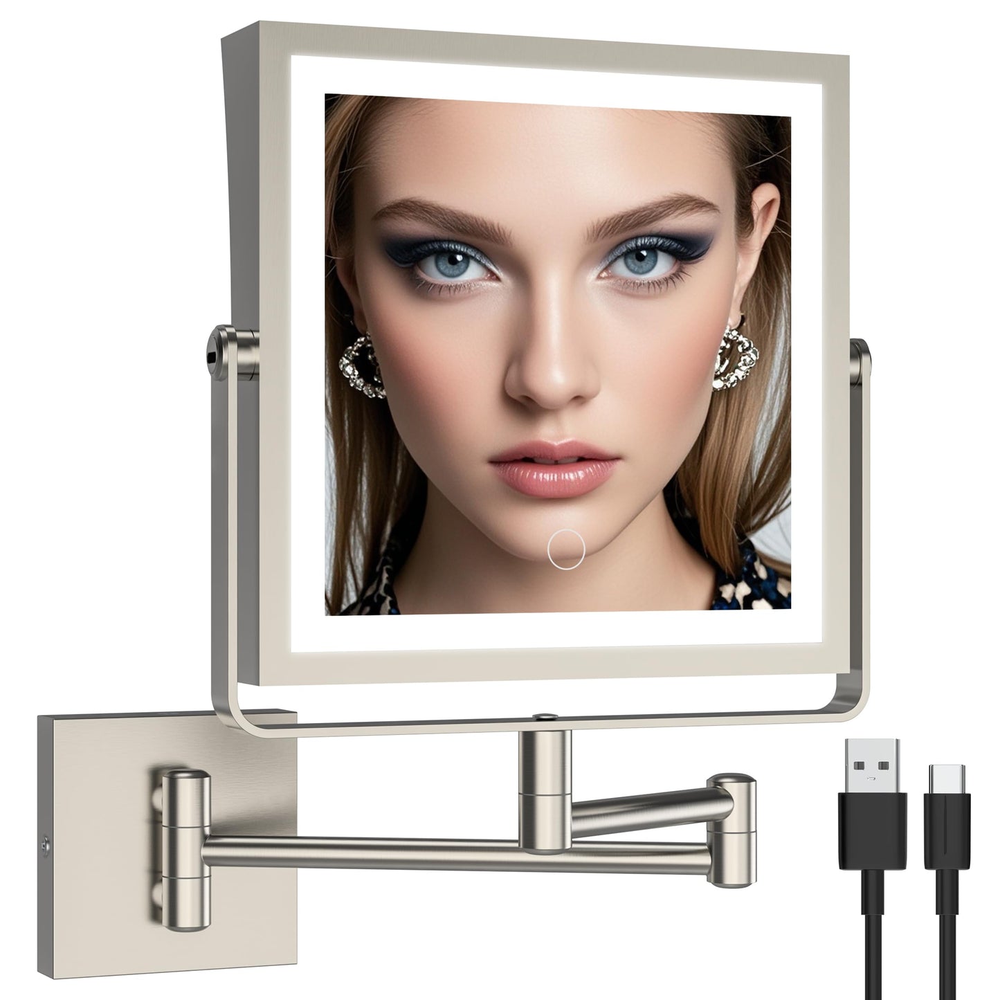 Ruacq Rechargeable Wall Mounted Makeup Mirror with Lights, Double Sided 1X/7X Magnifying Vanity Mirror with 3 Color Lights, Touch Screen Dimmable, 360° Rotation Extension Foldable (Brushed Nickel)