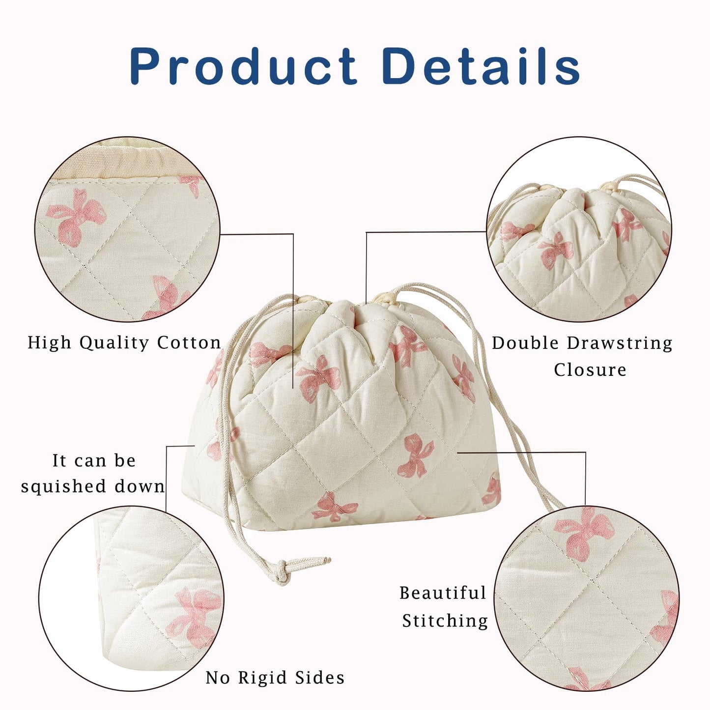 uekeboag Cotton Quilted Drawstring Makeup Bag with Canvas Lining,Coquette Aesthetic Cute Travel Toiletry Bag,Drawstring Gift Bag for Women and Girls（09Little Pink Bow）