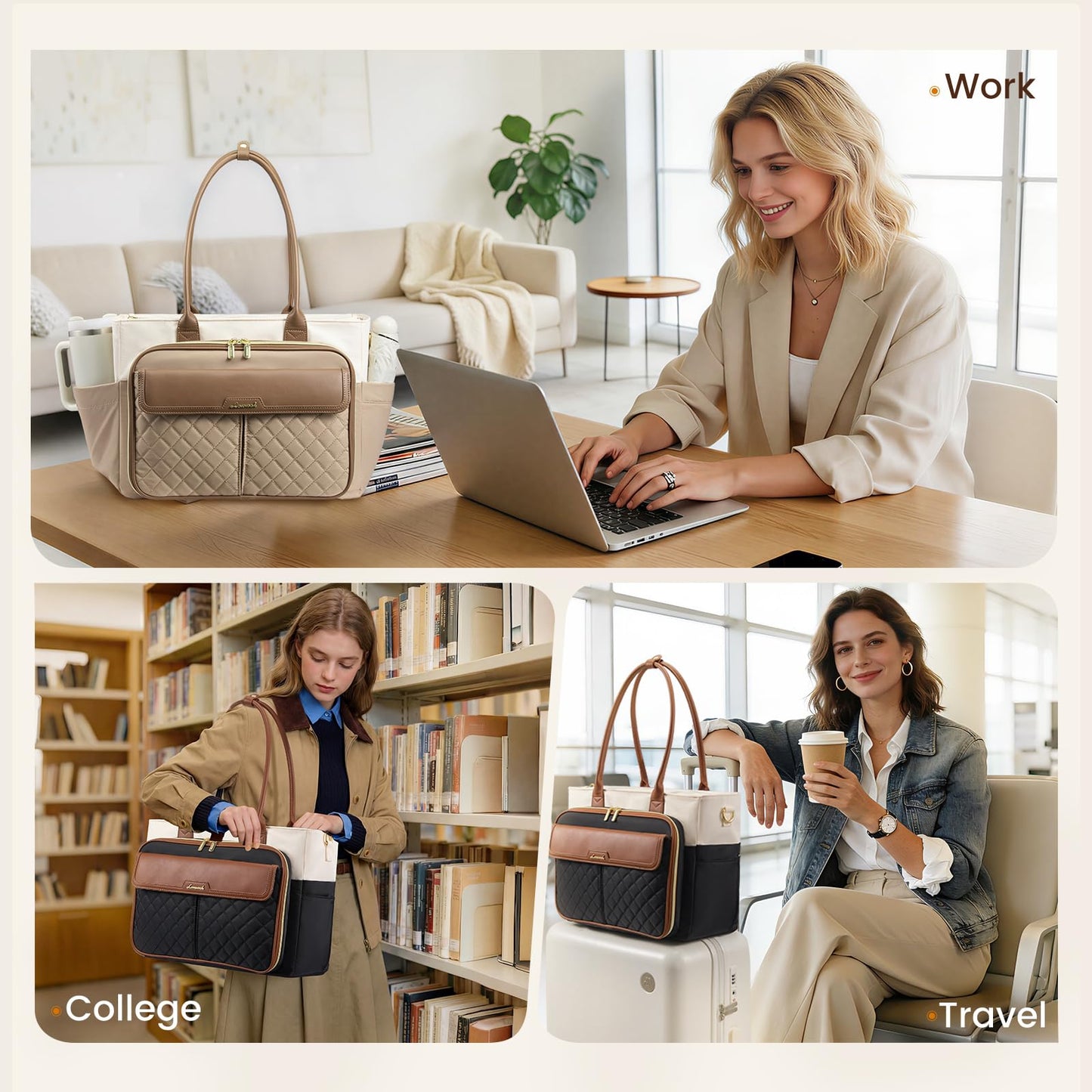 LOVEVOOK Teacher Tote Bag for Women Work, 15.6 Inch Laptop Bag with Large Cup Holder, Quilted Nurse Bag Briefcase with Accordion File Pocket, Computer Handbag for Bussiness Travel, Office, College