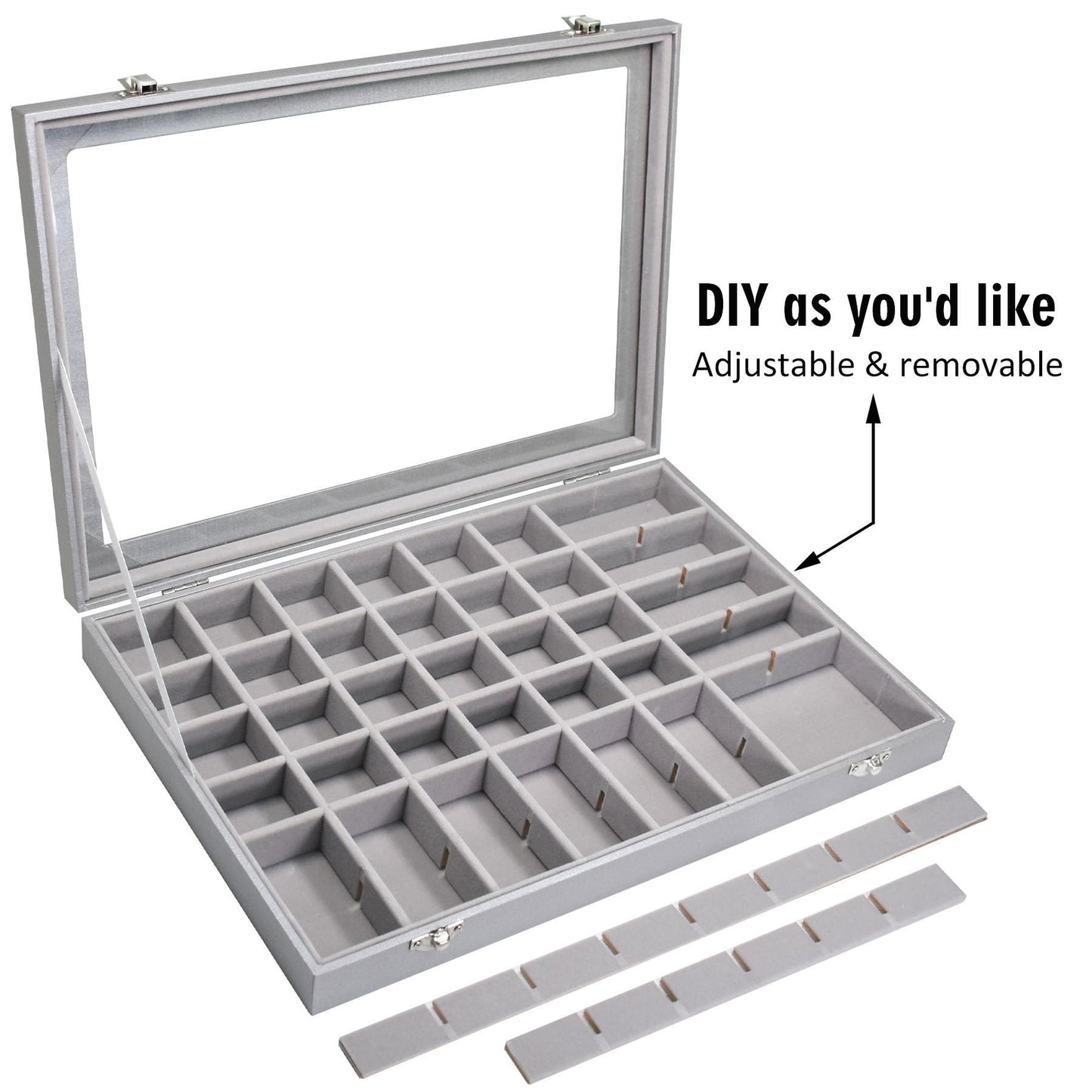 Siveit Jewelry Tray Organizer Box 48 Grid Jewelry Display Organizer Box with Transparent Lid Rings Earrings Necklaces Pendants Display Box Suitable for Women and Girls (48 Grid, Silver Grey)