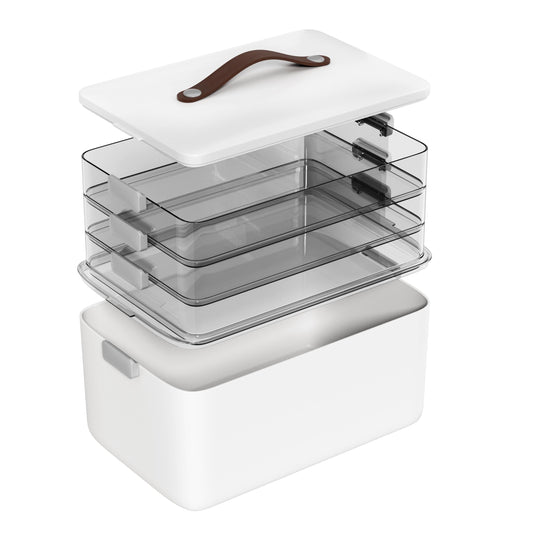 MOPALL 4-Tier Medicine Organizer Storage Box, Portable Latch Bin with Lid and Leather Handle, Cabinet Closet Organization for Home Office, Pill Bottle, First Aid, Sewing, Art, Craft