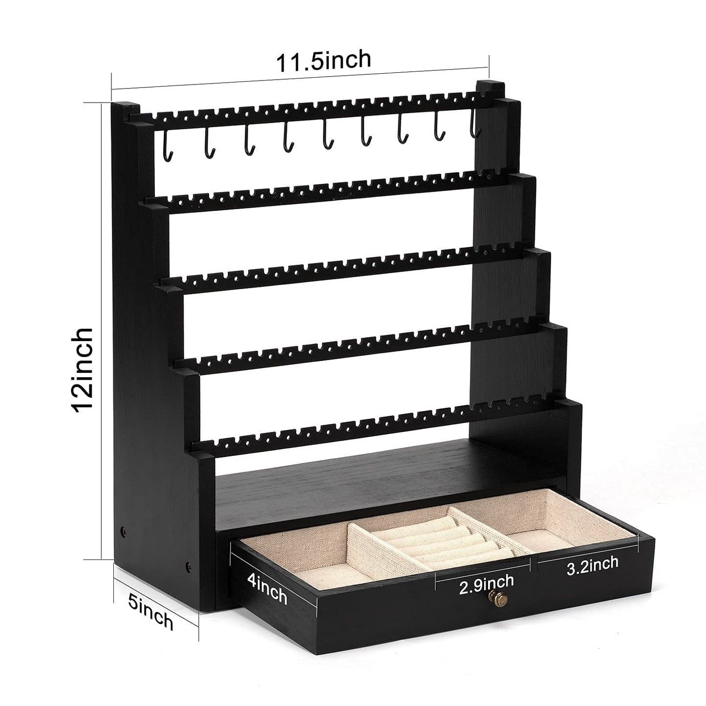 Pinzoveco Earring Organizer, 5 Layer Earring Holder Organizer with Metal Necklace Holder Pole, Rustic Wood Jewelry Organizer Stand Display for Stud Earring Bracelet Necklace Ring, 175 Earring Holes