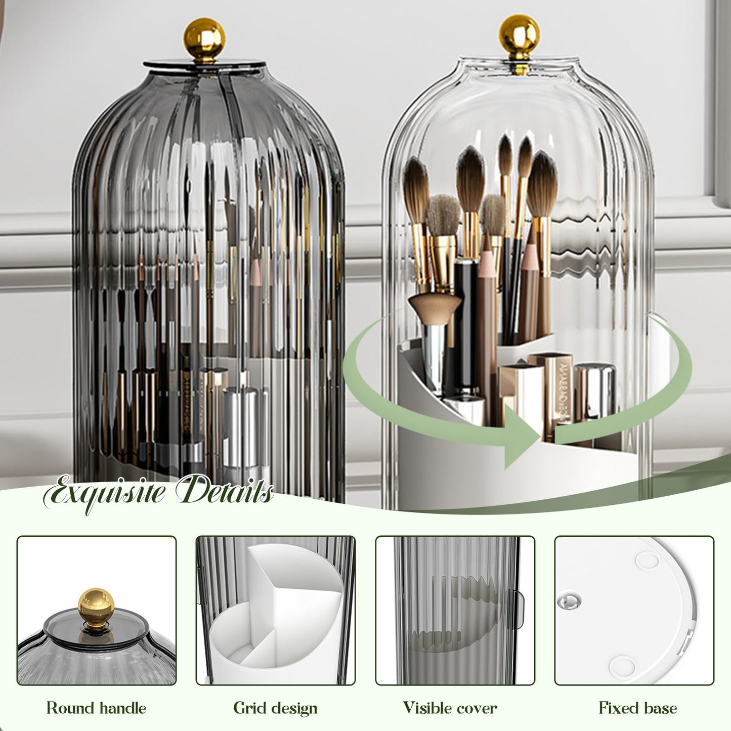 Birdcage Shape Makeup Brush Holder with Vertical Striped Cover, 360° Rotating Dust-Proof Organizer, Large Capacity Cosmetic & Toothbrush Storage for Vanity, Bathroom Countertop (Transparent Green)