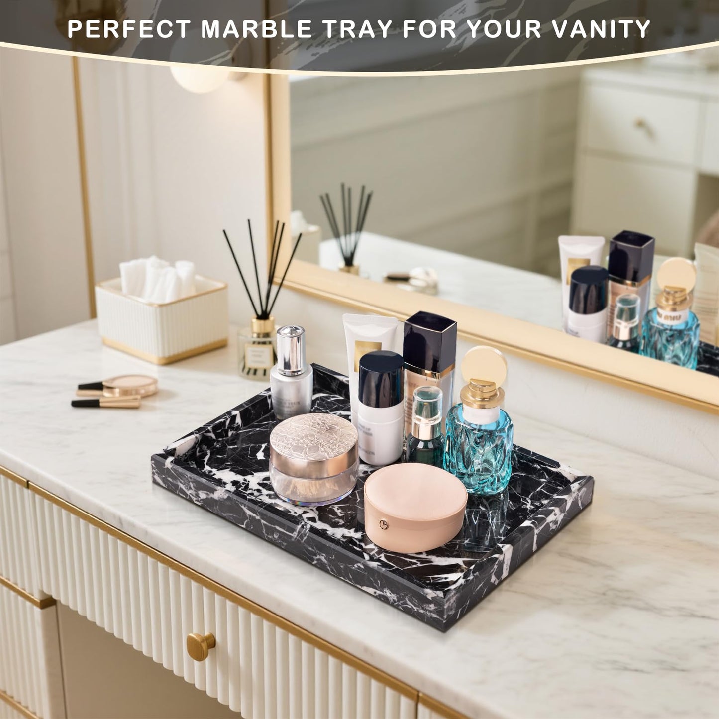 Homaura Marble Bathroom Tray for Countertop & Home Decor, Natural Decorative Marble Tray for Jewelry & Perfume Organizer, Luxury Stone Vanity Trays for Dresser, Kitchen Counter, 12" x 8", Black