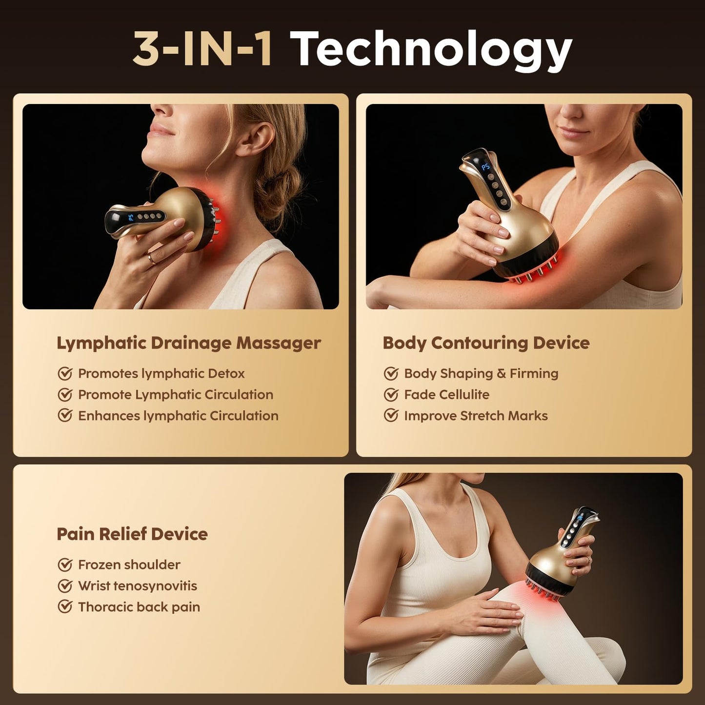 OVGIAP Lymphatic Drainage Massager & Anti-Cellulite Massage Tool, Body Sculpting Device for Legs, Arms & Stomach, Supports Smoother Skin, with Gentle Warming & Vibration (Gilded)