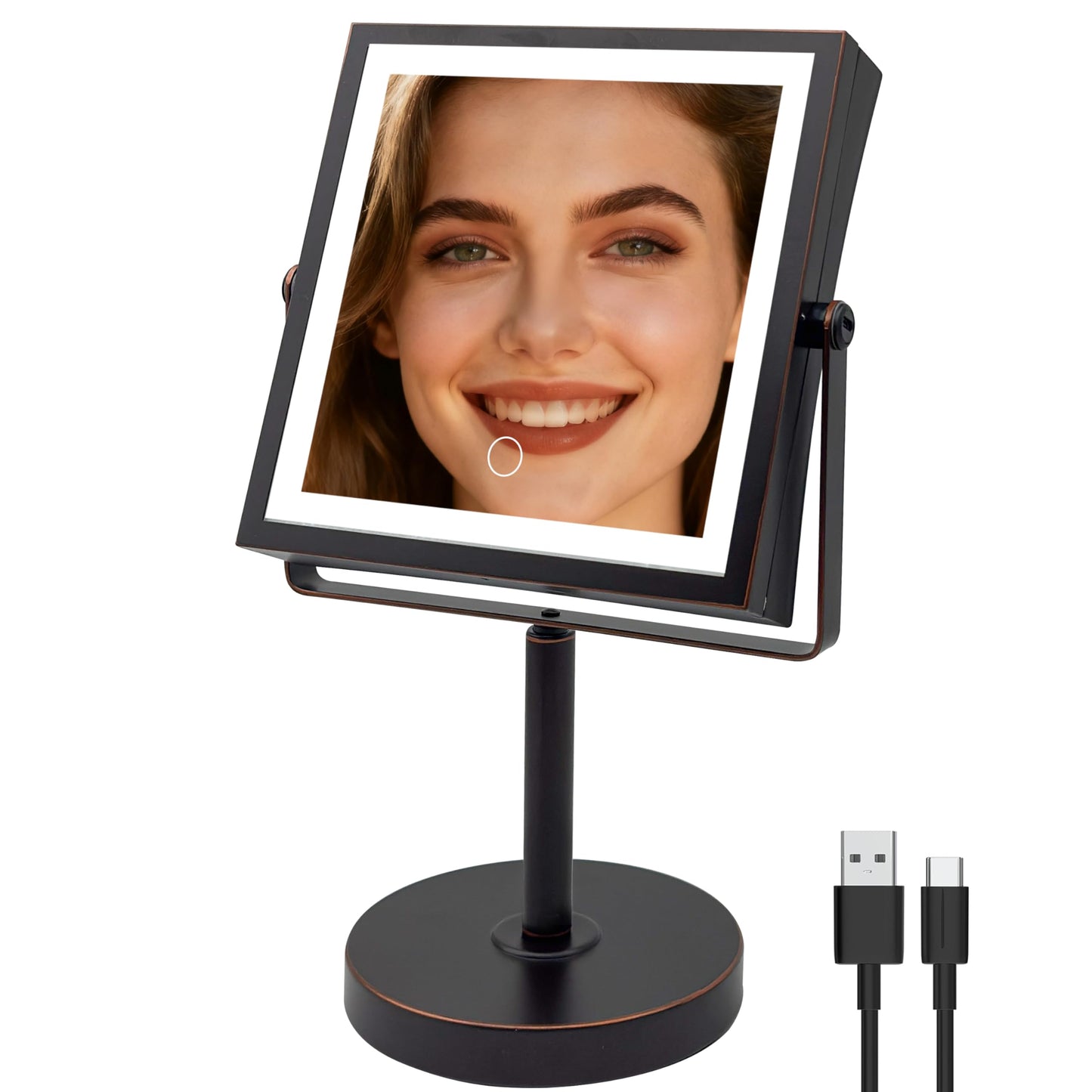 Basitool JIONIESIM Series 1X/10X Makeup Mirror with Lights, Double Sided Lighted Magnifying Mirror with 3 Colors, Height & Brightness Adjustable, Rechargeable 4000mAh Vanity Mirror (Oil Rubbed Bronze)