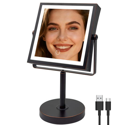 Basitool JIONIESIM Series 1X/10X Makeup Mirror with Lights, Double Sided Lighted Magnifying Mirror with 3 Colors, Height & Brightness Adjustable, Rechargeable 4000mAh Vanity Mirror (Oil Rubbed Bronze)
