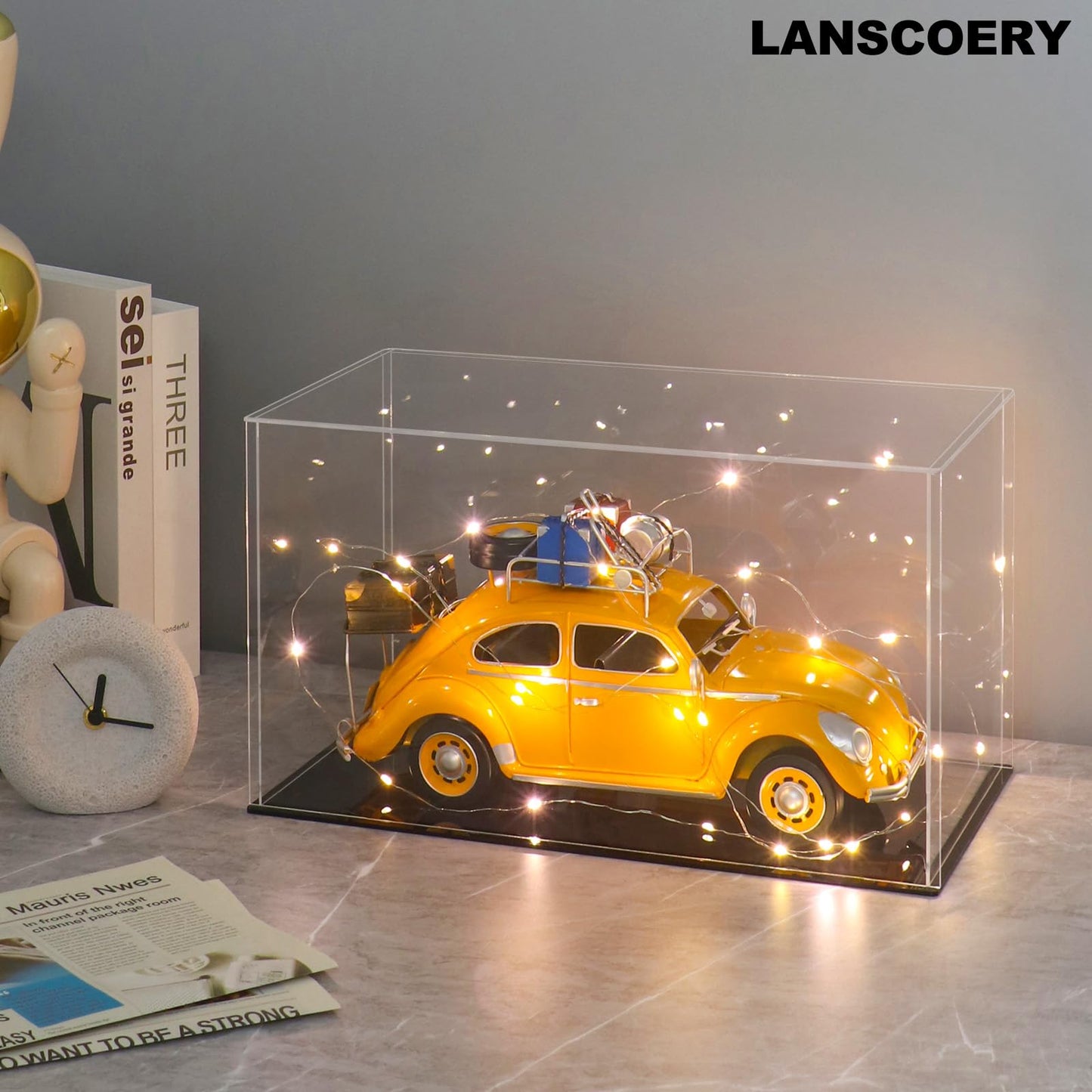 LANSCOERY Acrylic Display Case, 11x5.5x5.5 in, Upgraded Thickened UV-Resistant Showcase, 98% Clarity Dustproof Box with Glossy Black Base for Action Figures, LEGO & Models, Scraper & LED Light