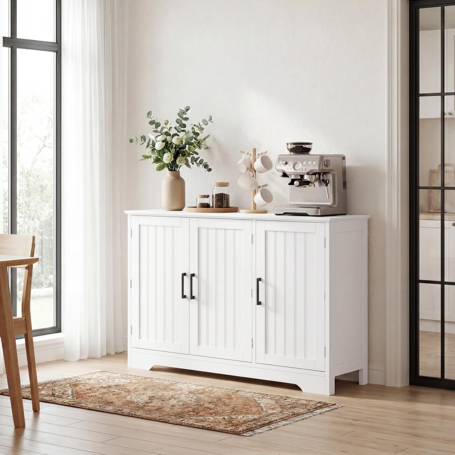 ChooChoo Modern Sideboard Buffet Cabinet, Coffee Bar Storage Cabinet with Doors and Adjustable Shelves, Kitchen Storage Cabinet for Dining Room, Living Room, White