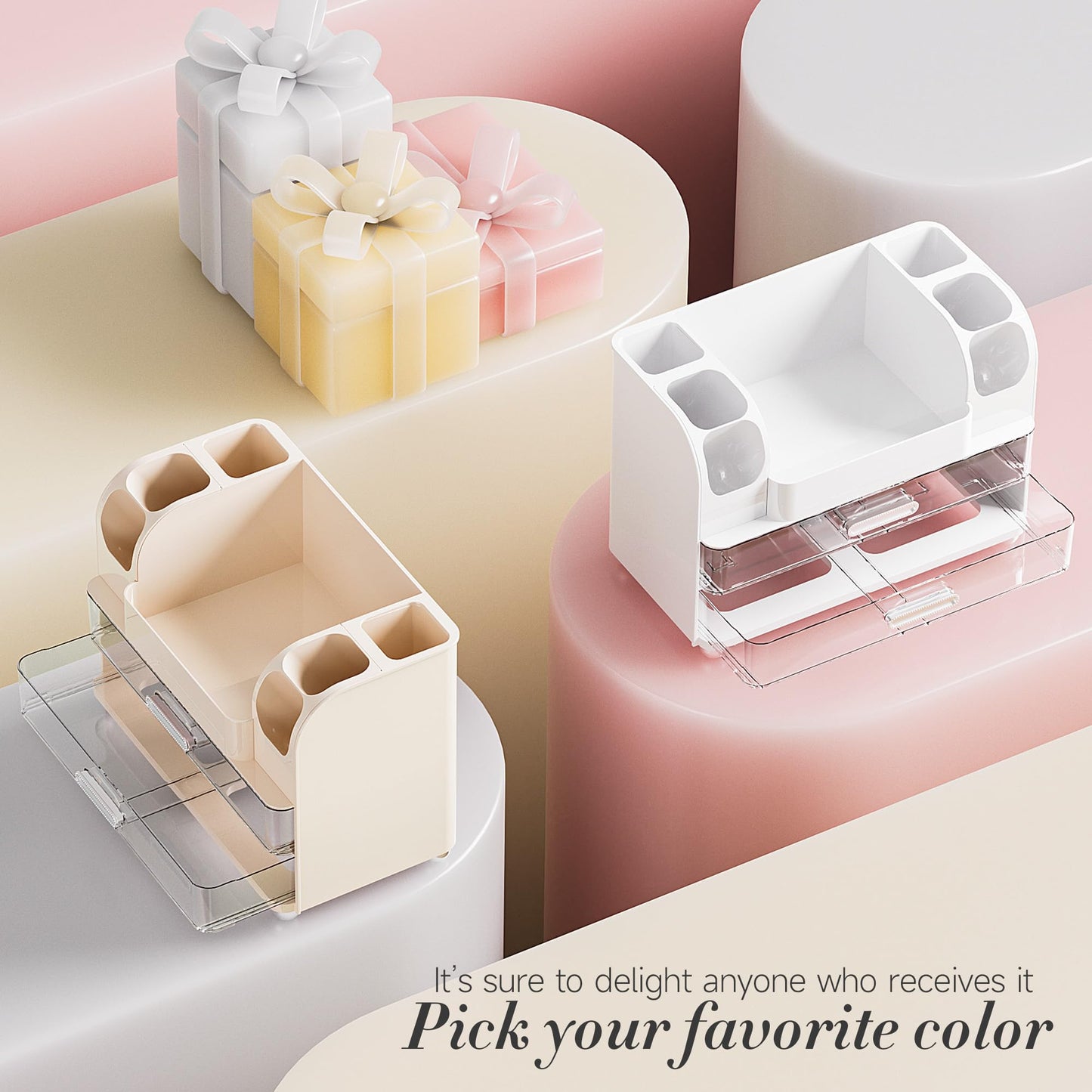Delamu Large Makeup Organizer Countertop with 6 Brush Holders, Makeup Organizers for Vanity with 2 Large Drawers, Easy to Store Skincare, Lipsticks, Nail Polishes, Eyeshadow Palettes, Cream White