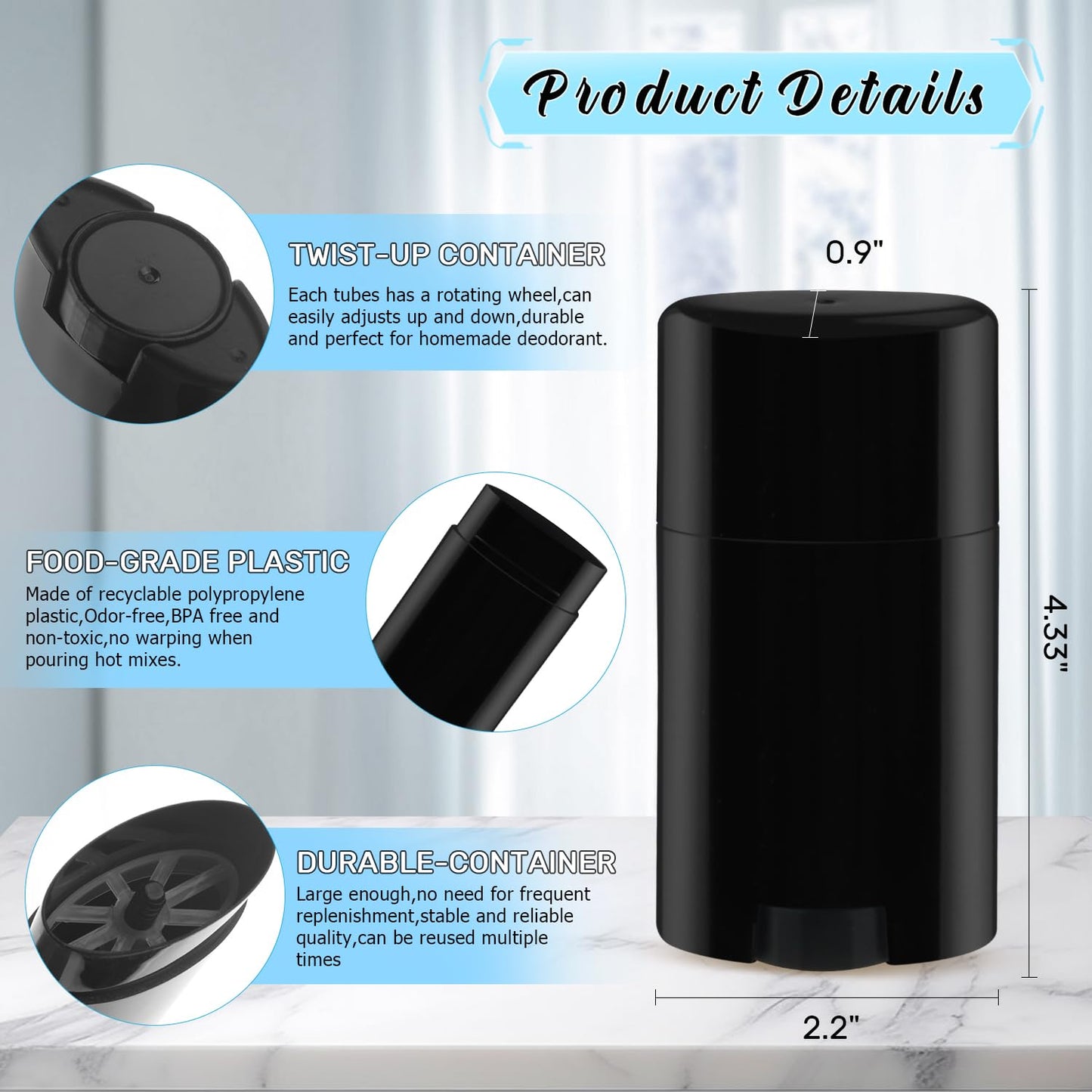 DMuuuDM 15 Pack 1.7 oz Plastic Deodorant Container,Empty Oval Twist-Up Solid Stick Tube Applicator Container for Homemade Deodorant,Shaving Soap Stick,Heel Lip Balm,Solid Lotion Bar-Top Filling,Black