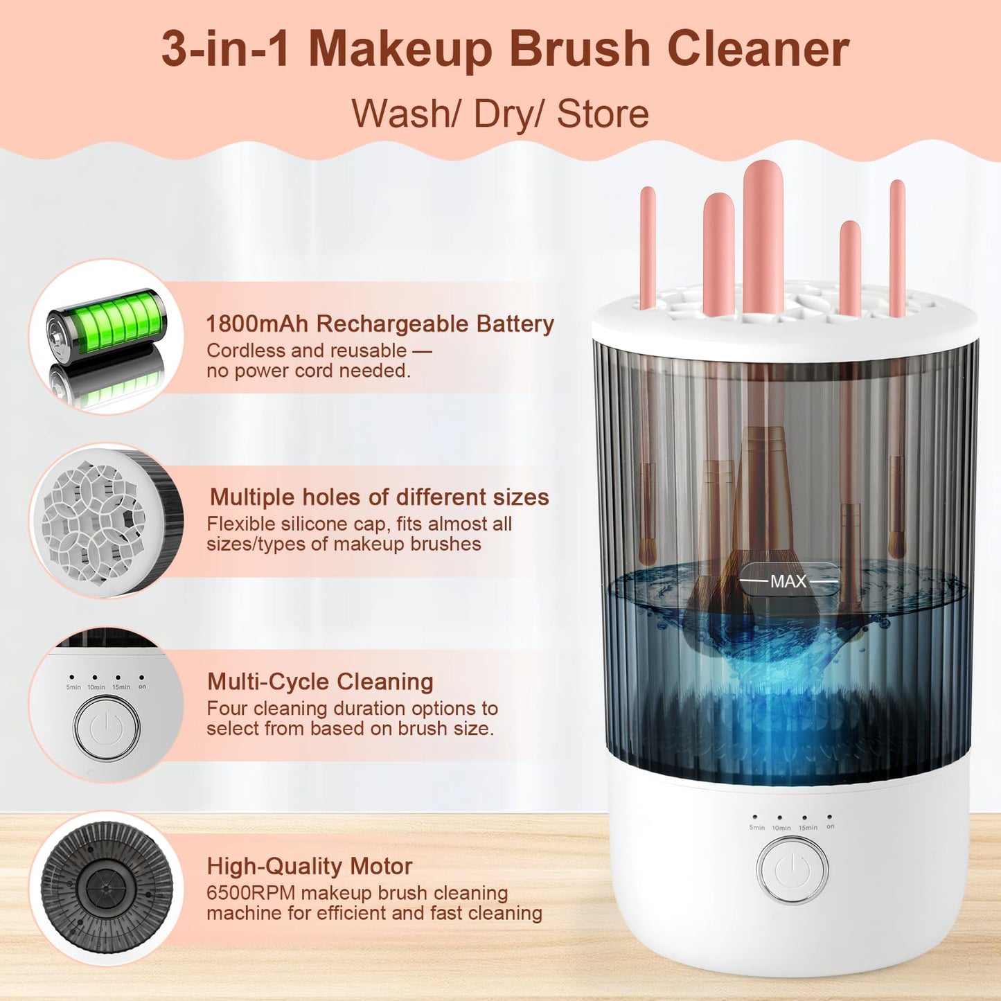 Electric Makeup Brush Cleaner, 6500RPM Automatic Makeup Brush Cleaner Machine, Portable Design with 1800mAh Rechargeable Battery for Makeup Brushes, Perfect Gift for Makeup Lovers