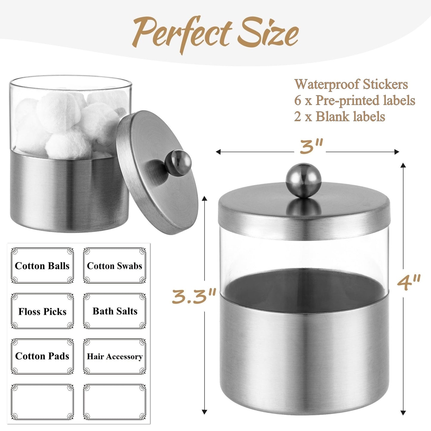 Gaussra Apothecary Jars, Qtip Holder - Brushed Stainless Steel Bathroom Jar with Stickers - Farmhouse Decor Qtip Dispenser for Qtips, Cotton Balls, Swabs, Makeup Sponges (2 Pack, Brushed Nickel)