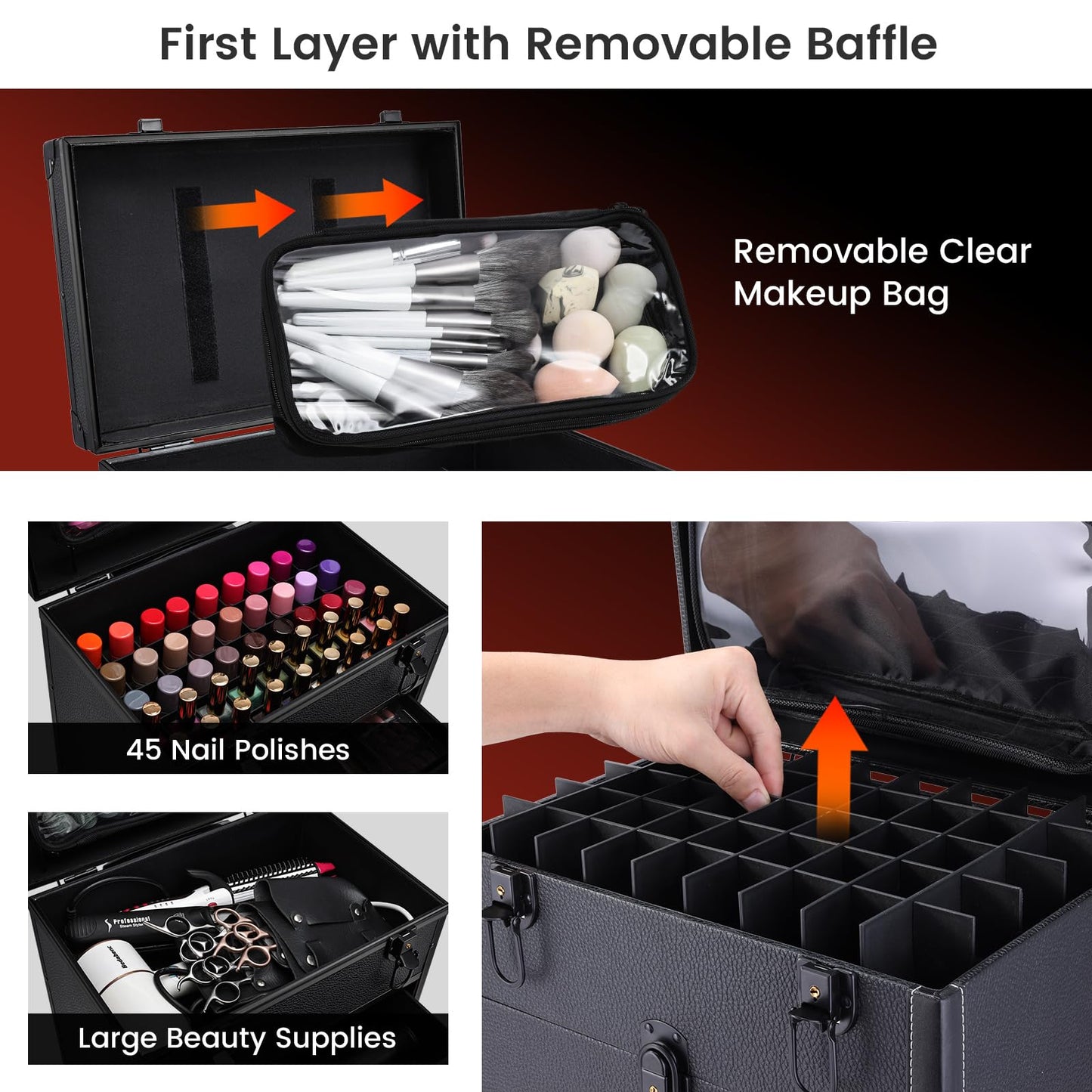 Professional 3 in 1 Rolling Makeup Case Cosmetology Case on Wheels 2 Large Drawer Nail Case Trolley Traveling Cosmetic Train Case with Makeup Pouch for Artists Nail Technician Salon Cart Trunk Black