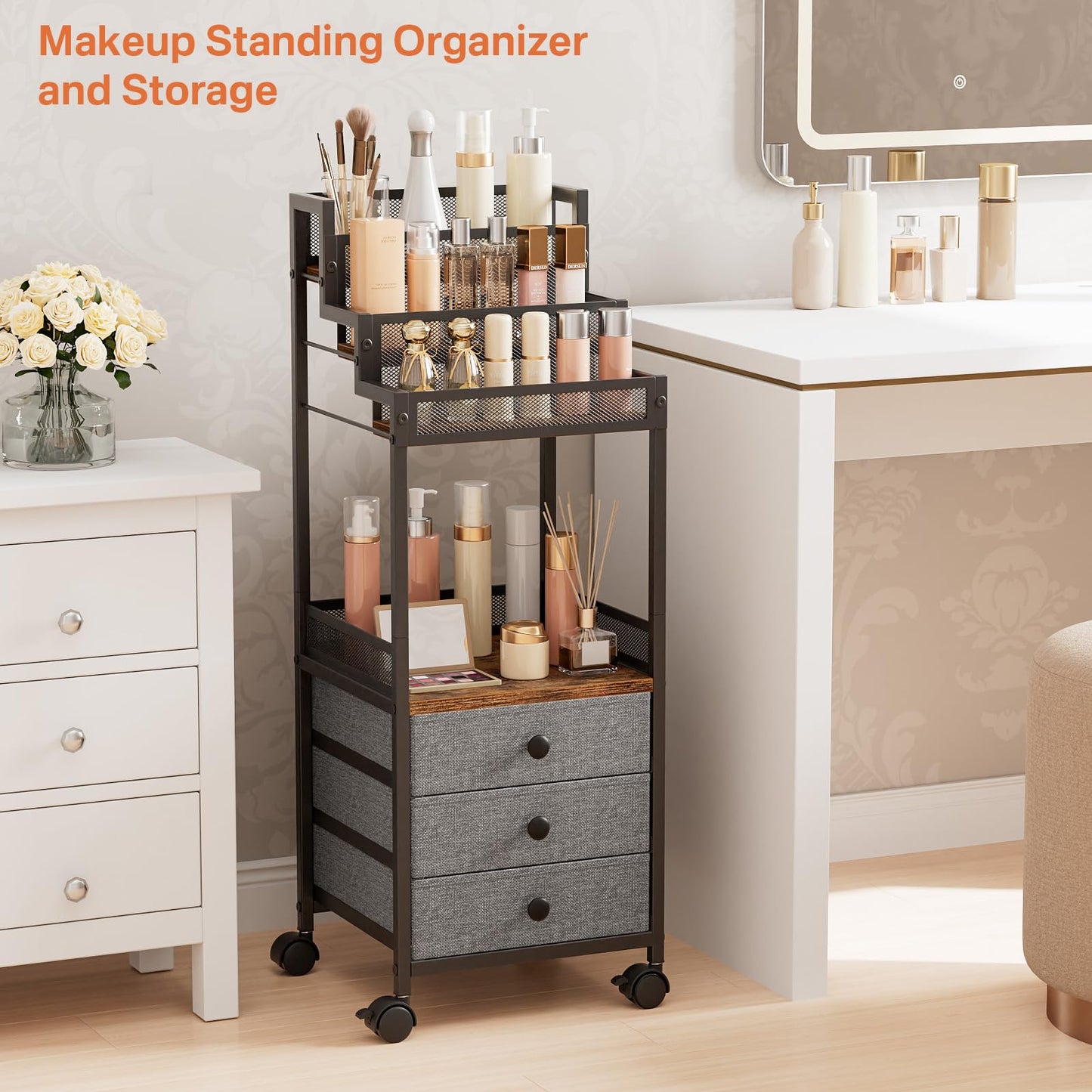 FURFUN Display Riser Stand Perfume Cologne Organizer, 13in Rolling Makeup Storage Cart with Fabric Drawers, Floor Vanity Cosmetics Display Cases for Skin Care Nail Polish Figures Rustic Brown