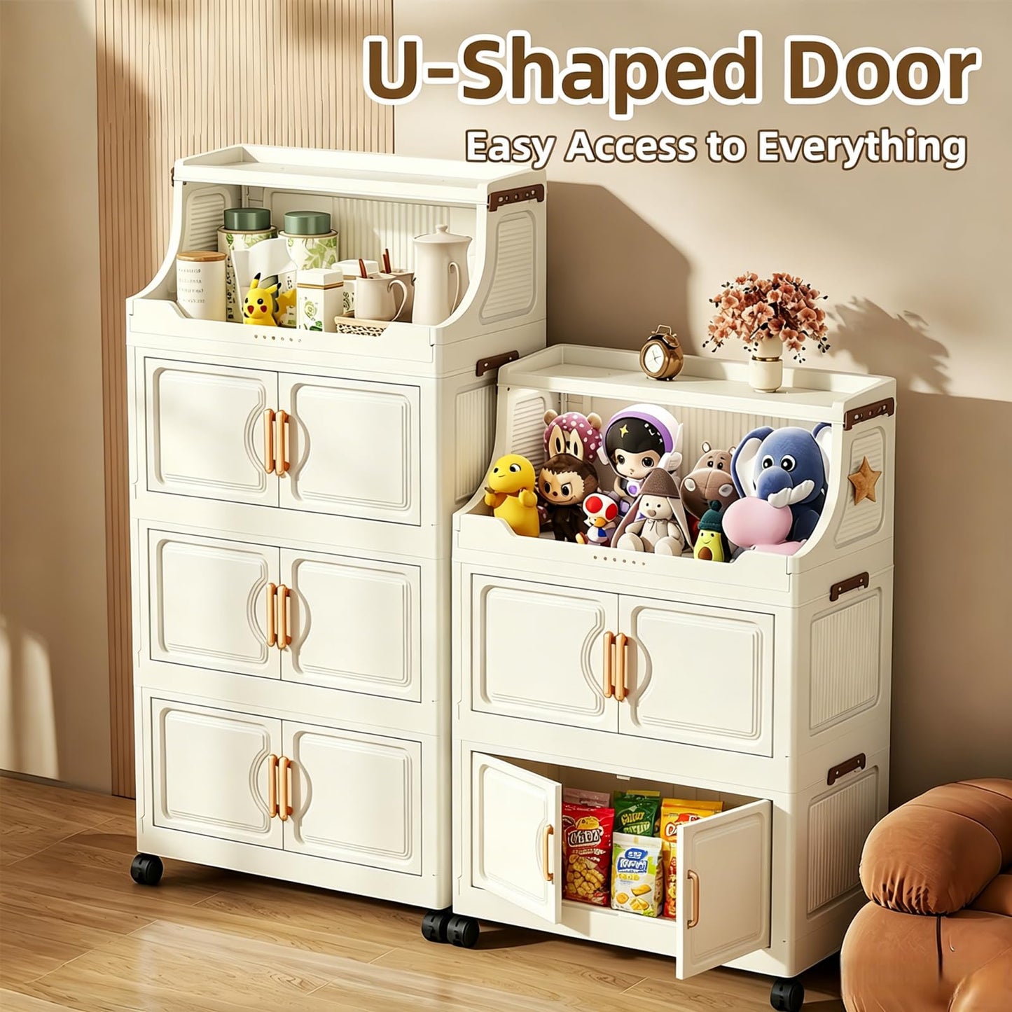 217QT Stackable Storage Bins with Lids & Rack, 5 Tier Large Capacity Foldable Storage Cabinet, Clear Collapsible Pantry Organizer for Home, Kitchen, Bathroom, Dorm, Office, White