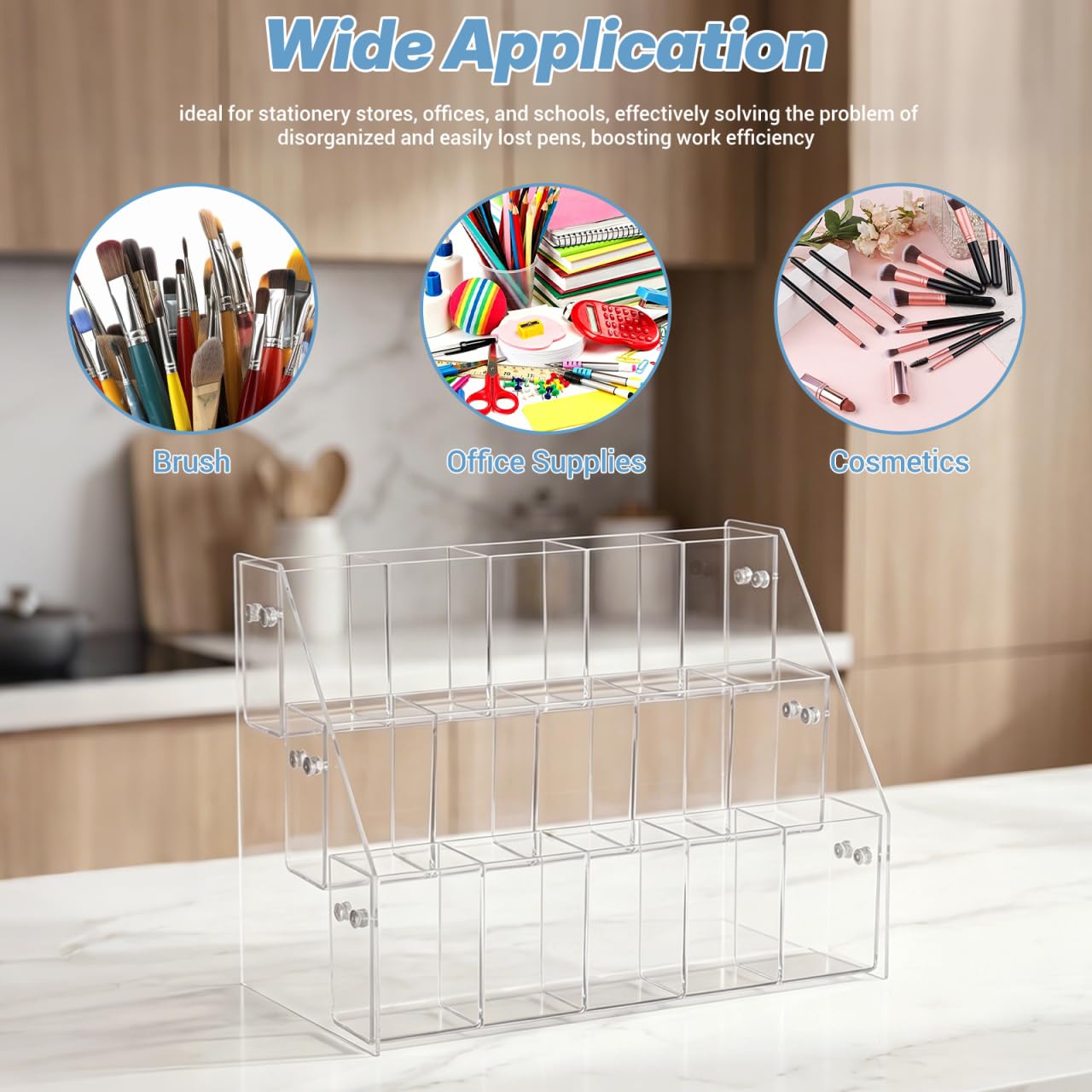 STOBAZA Pen Holder Display Stand 3-Tier Acrylic Marker Organizer with 15 Slots Clear Pencil and Art Supply Storage for Office Desk and School 10.43 X 7.28 X 5.51 Inches