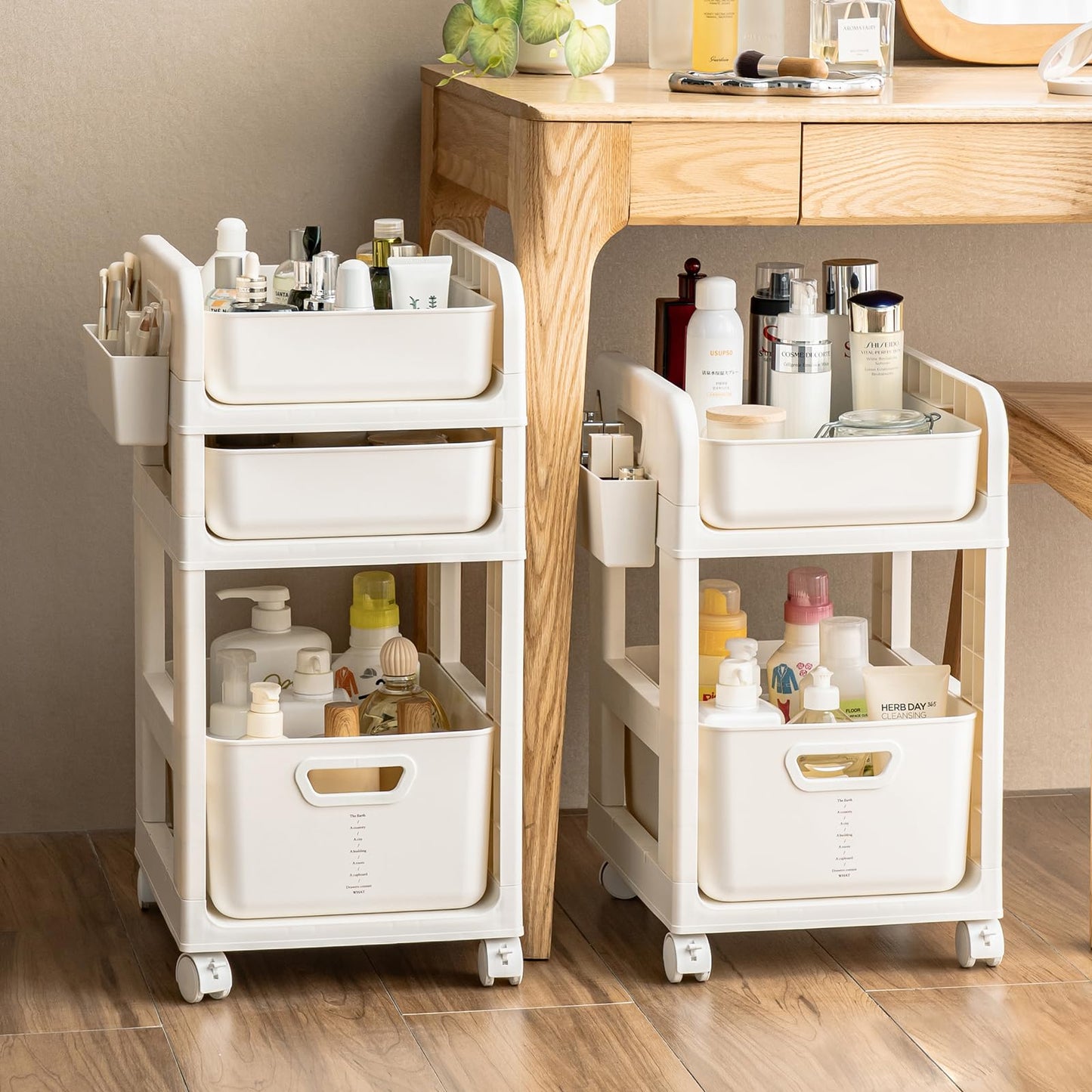 Rolling Makeup Organizer Cart with Removable Drawer, 3 Tier Stable White Floor Skincare Storage Cart for Vanity, Cosmetic Display, Nail Polish, Perfume, Hair Stuff, Beauty, Bathroom (3 Tier White)