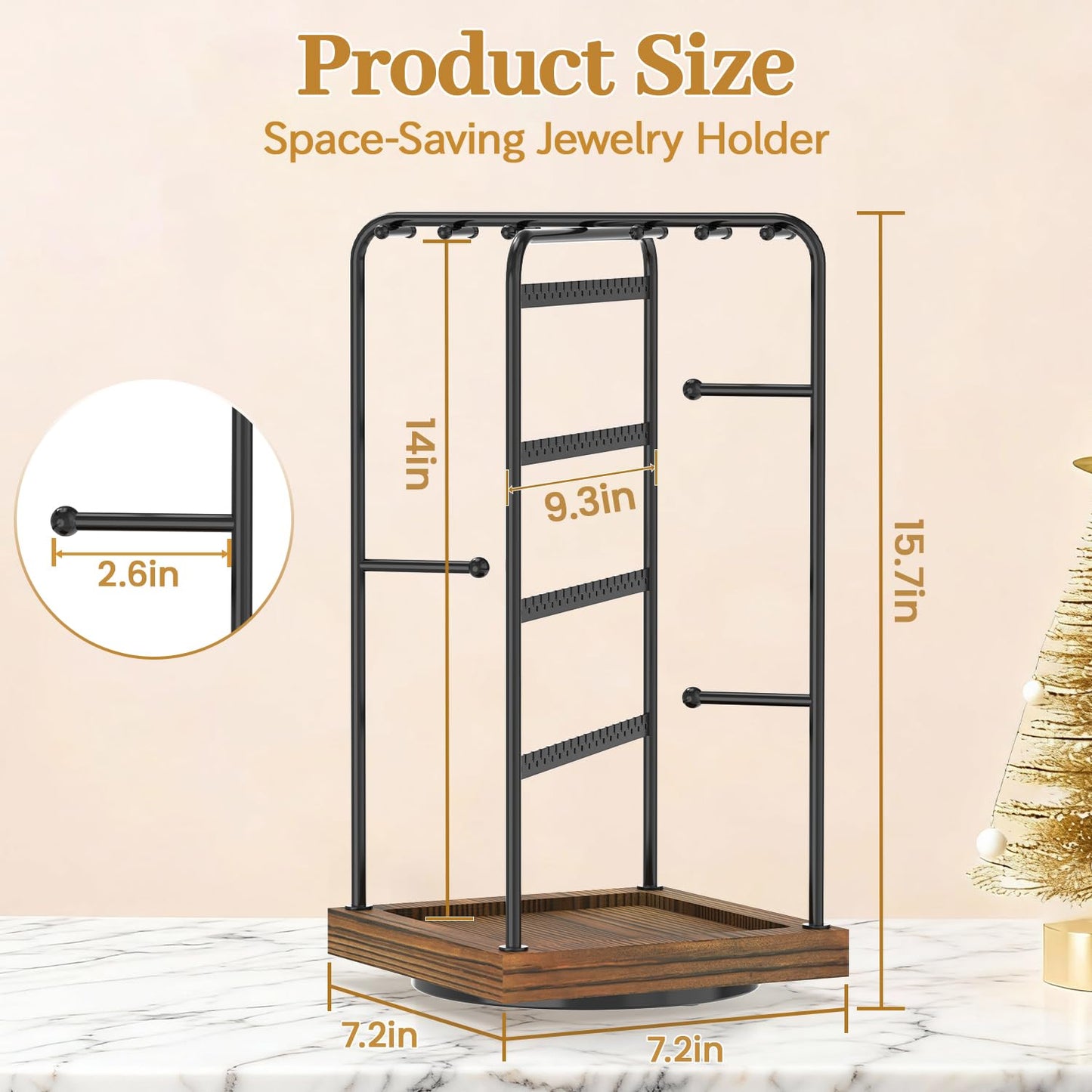 MODOWEY Earring Necklace Holder Organizer Jewelry Stand, Wood Rotating Display Tree for Vendor Selling, Tiered Tower Rack for Pierced Stud Bracelet 90+ Pieces Storage, Easy Access for Women, Black