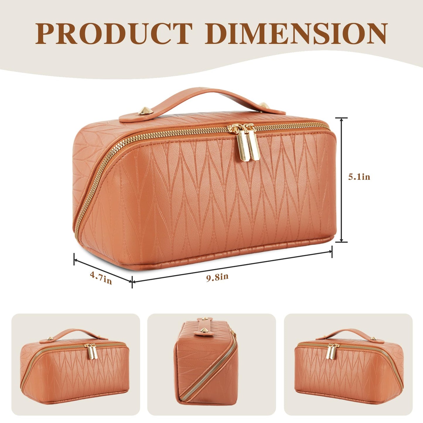 IDELCHOIS Travel Makeup Bag Large Capacity Cosmetic Bags for Women, Waterproof Toiletry Bag Open Flat Makeup Bag with Compartments and Handle, Portable Cosmetic Organizer Pouch, Wheat-Brown