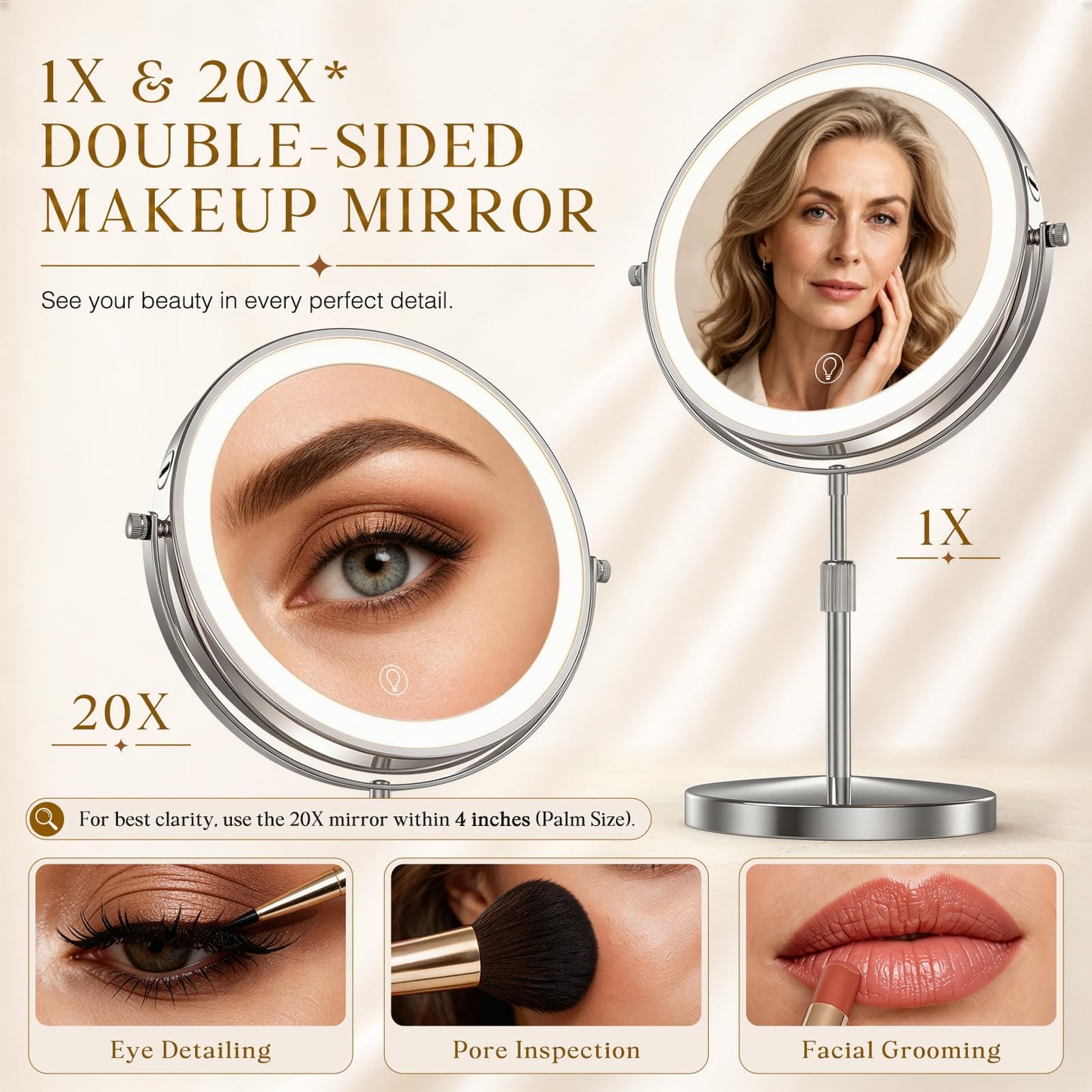 Professional 9" Lighted Makeup Mirror with Magnification, 1X/20X Double-Sided Vanity Mirror, 3600 Lux Ultra-Bright 80 LED, 5000mAh Rechargeable, 3 Color Mode, Stepless Dimming, Chrome Finish, Gift Box