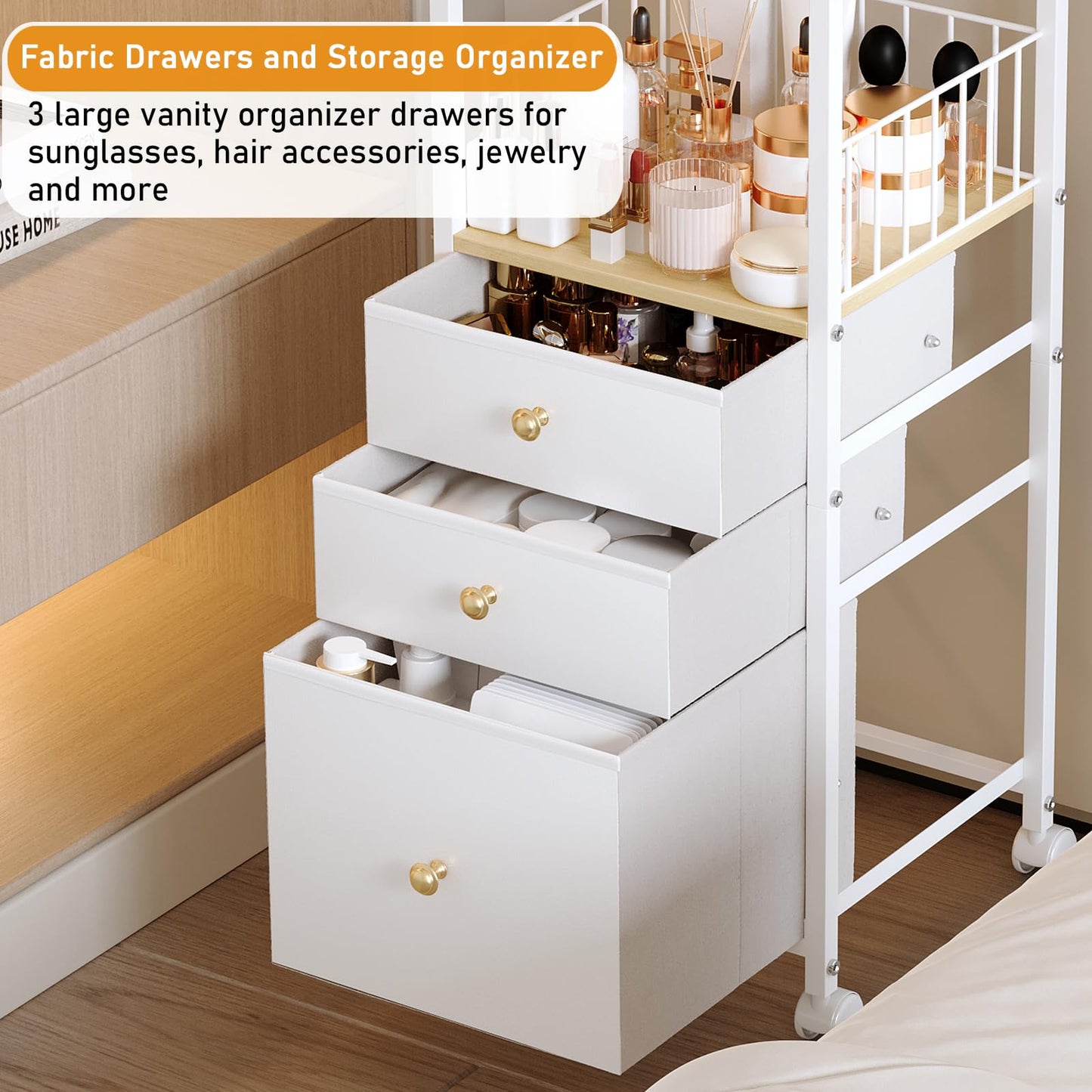ZQUYAJ Makeup Organizer Cart with Vanity Mirror, Floor Skincare Organizers Make Up Organizers-Vanity Organizer Cosmetic Display Cases Holder for Skin Care Perfume Nail Polish Brush Hair Tool (White)