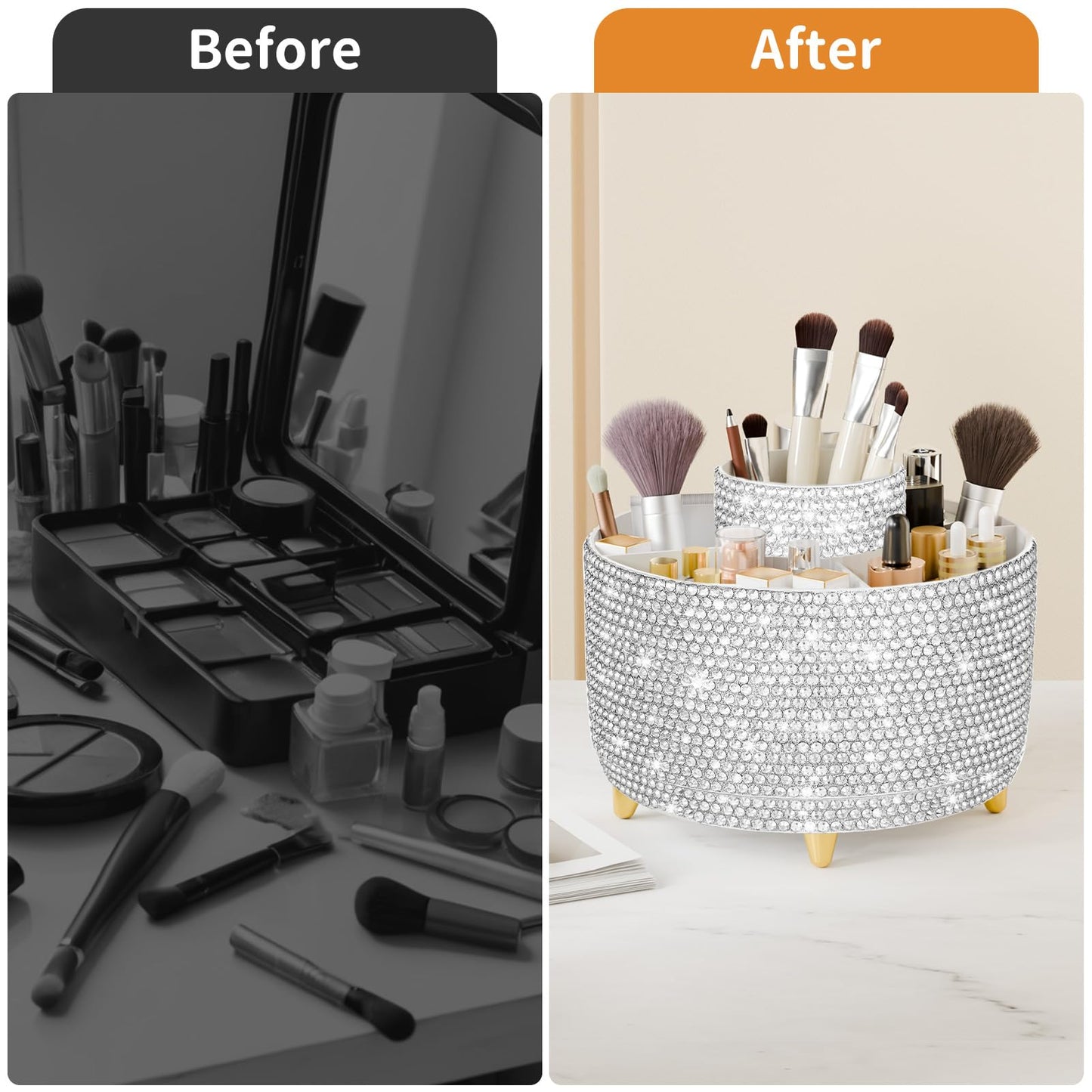 fanado Bling 360° Rotate Makeup Brush Holder Organizer, Makeup Organizers Countertop, Makeup organization and Skincare Storage for Vanity, Gift for Women Girls (Bling dz-White)