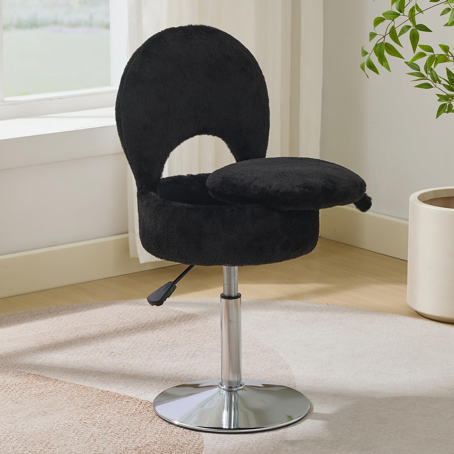 RUCUKEN Small Black Vanity Stool Chair with Storage Ottoman Adjustable Vanity Chair with Folding Back, Makeup Ottoman Stool for Vanity Chrome Finish